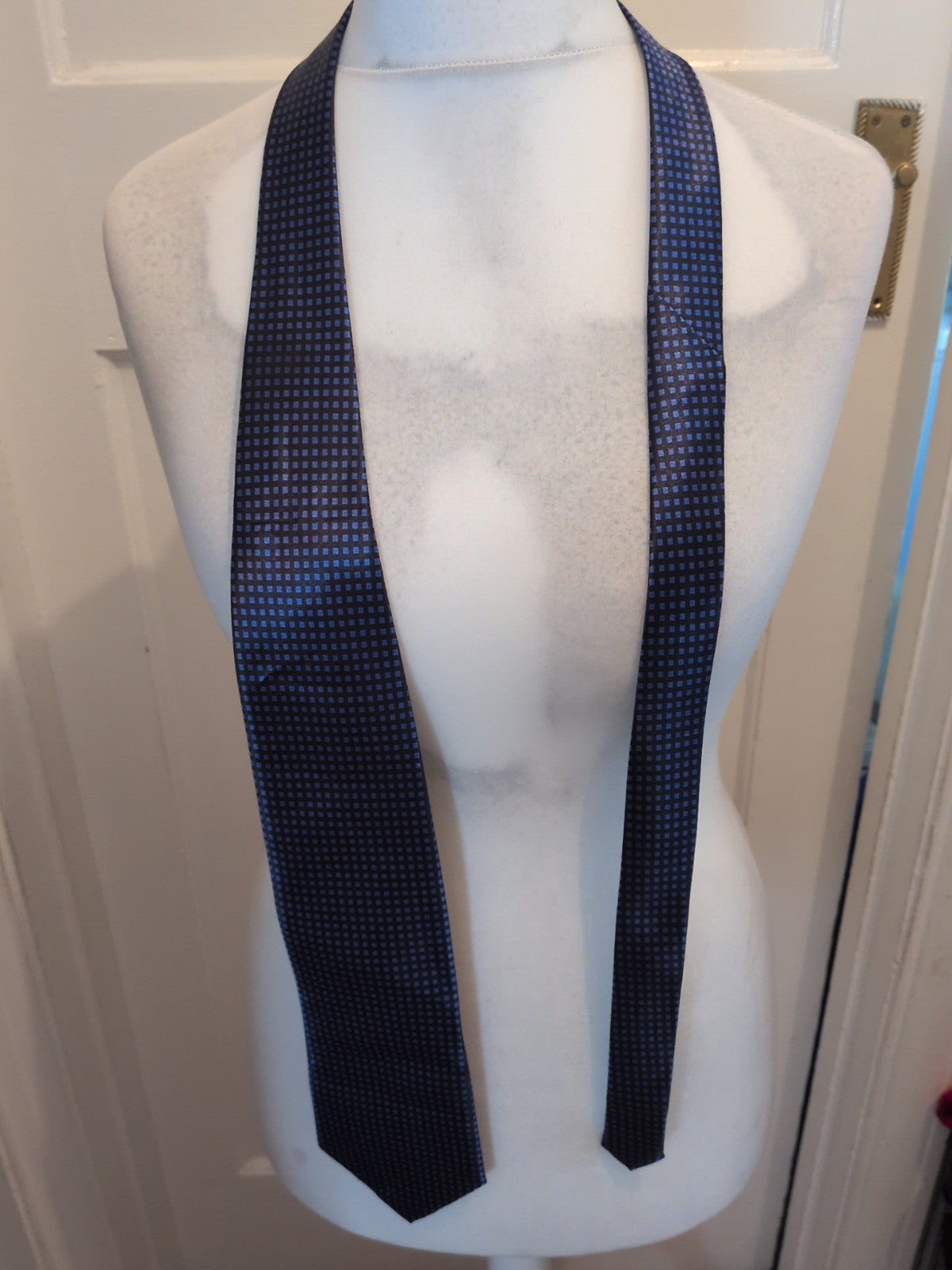 Black With Blue Square Pattern Hand Made Tie