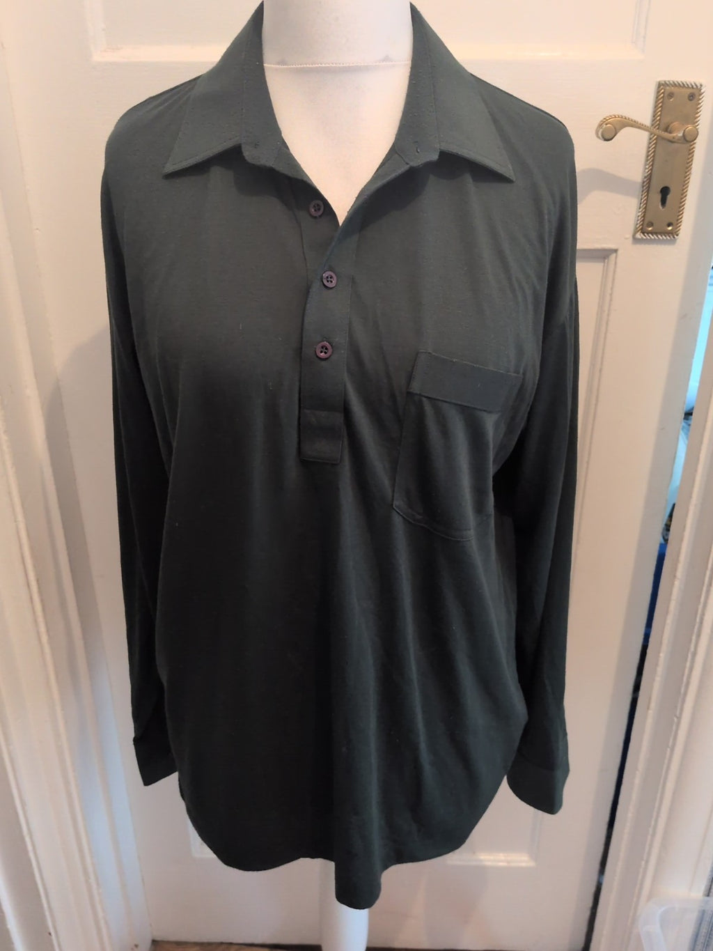 Mens Casual Large Green Long Sleeve Polo