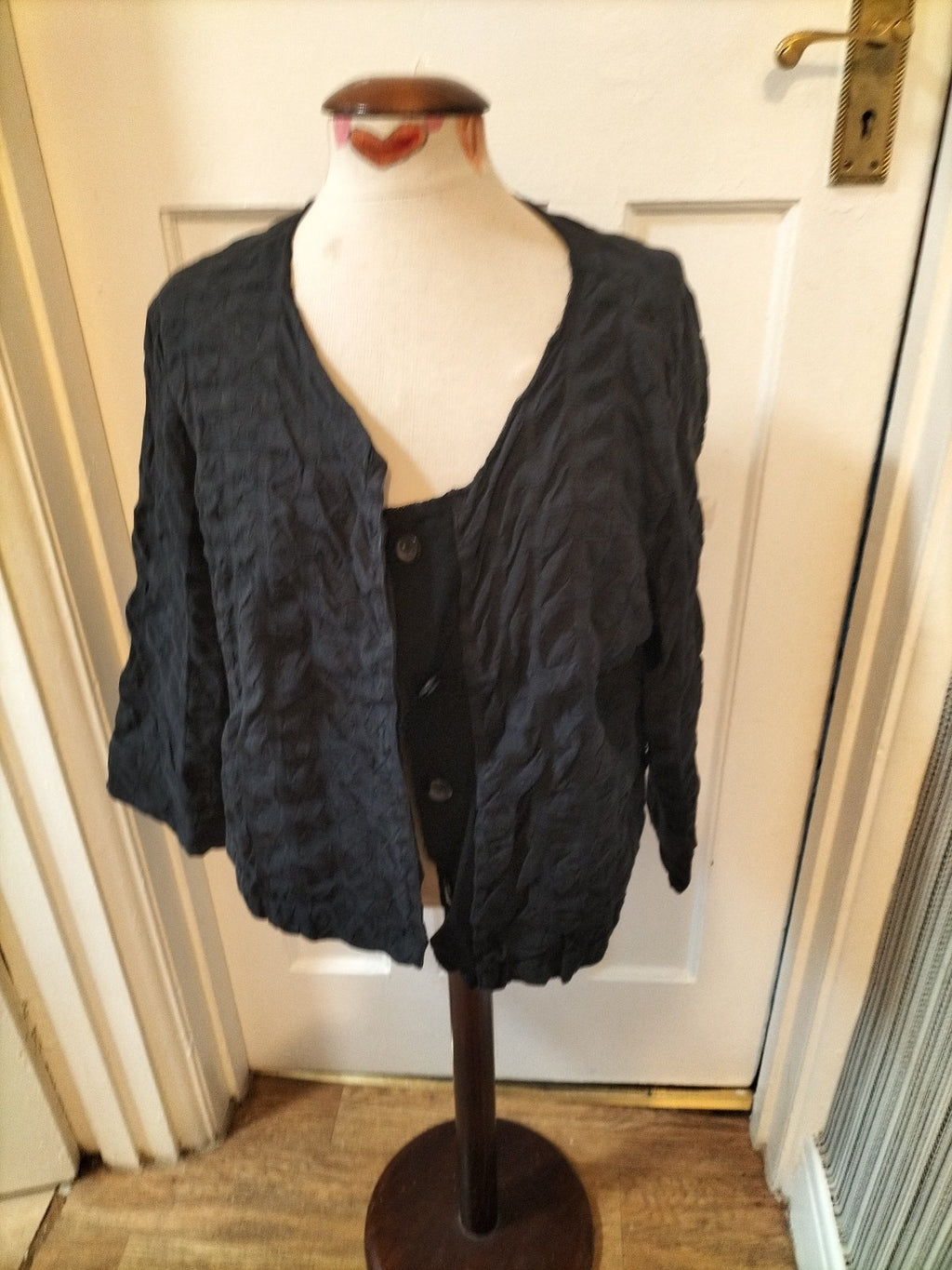 Ladies Size Large Navy Ruffled Buttoned Blouse