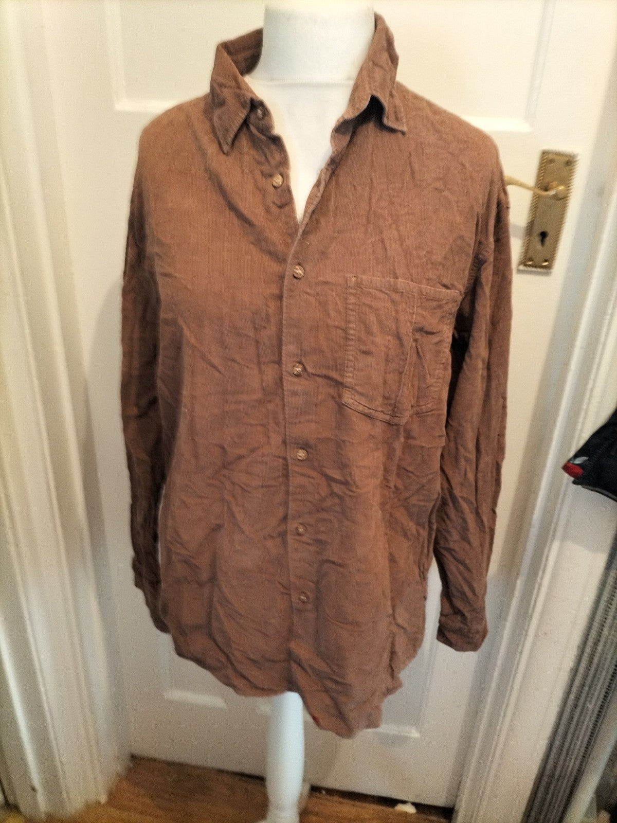 Mens White Stuff Size L Brown Ribbed Long Sleeved Shirt