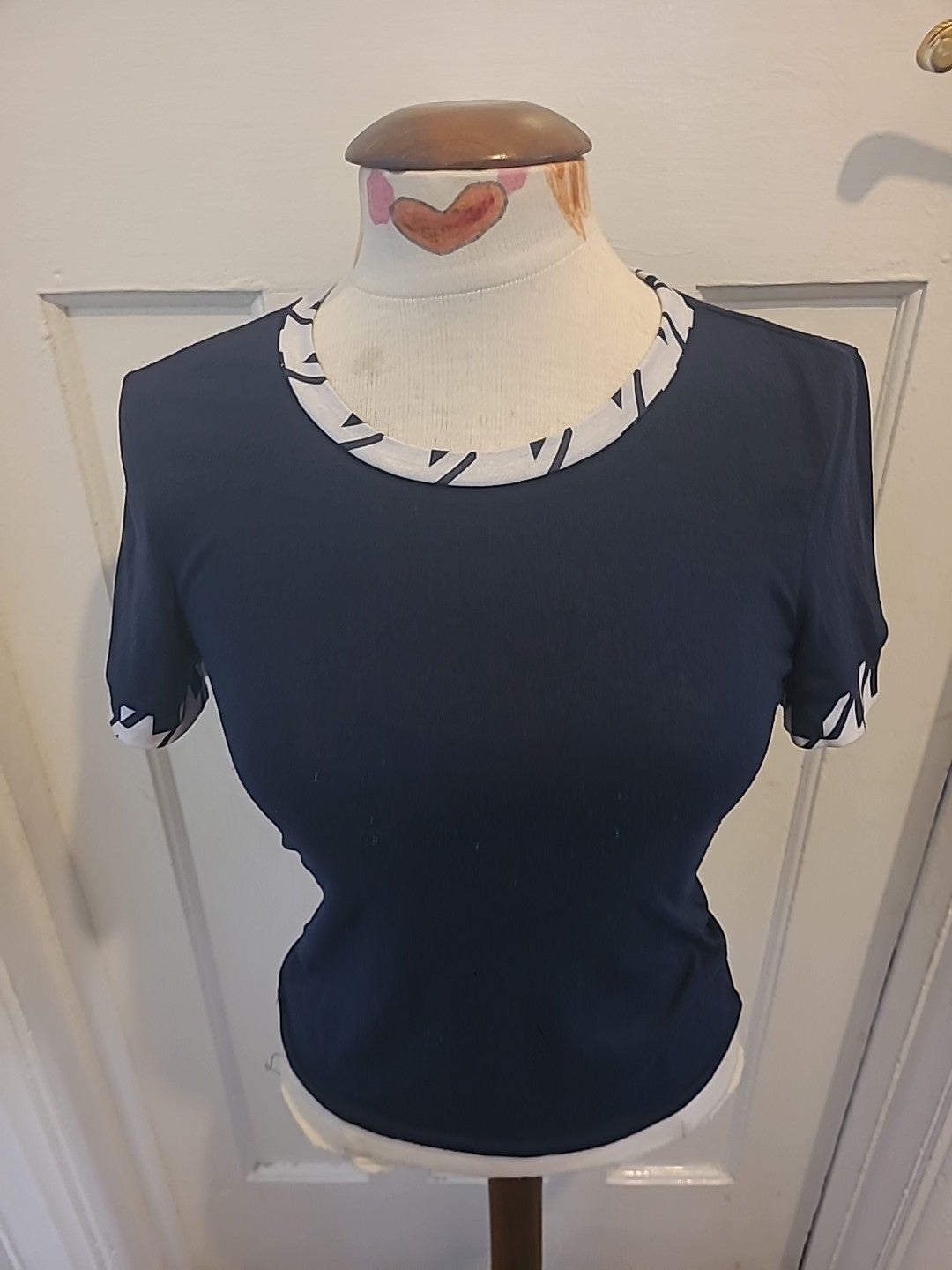 Ladies Size Small Navy With White Short Sleeved Tshirt