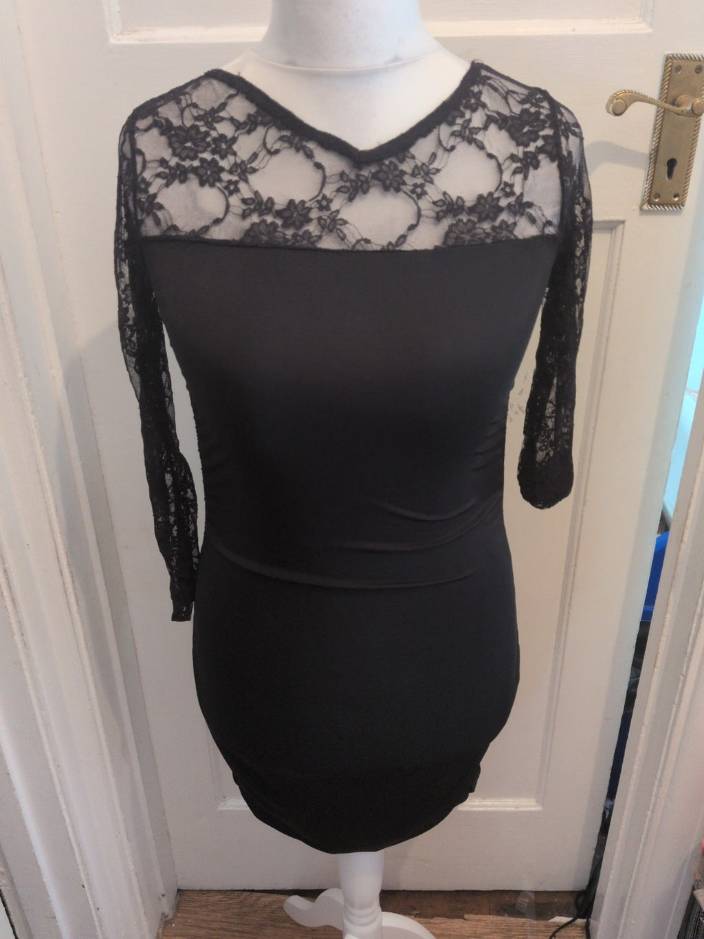 Small Black Ruched Lace Sleeve Dress