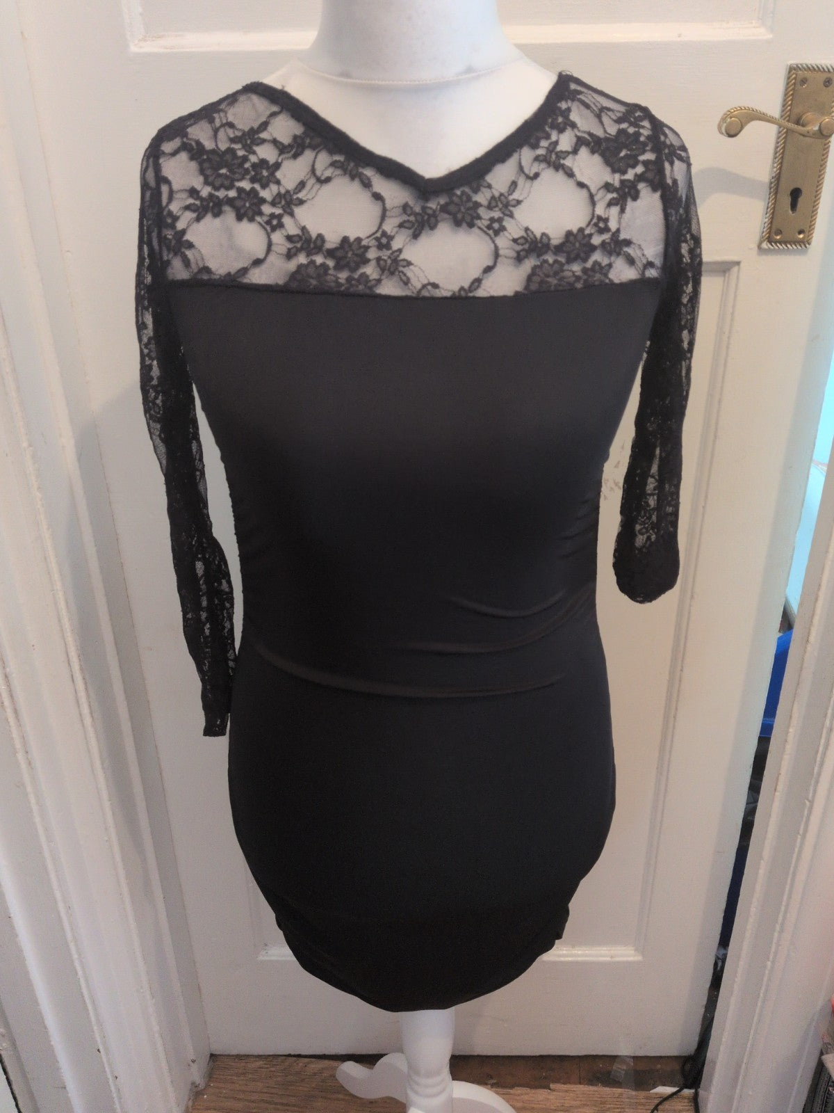 Small Black Ruched Lace Sleeve Dress