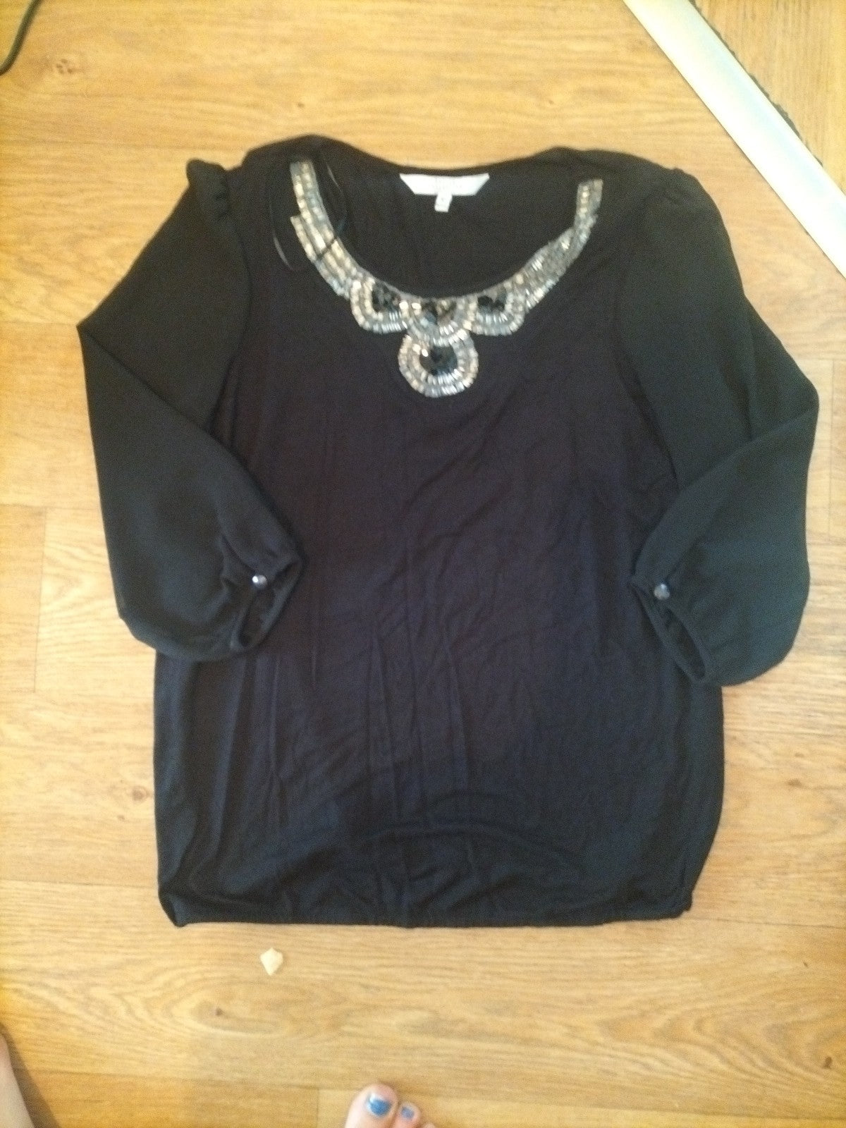 Ladies Debenhams Petite Size 10 Black And Silver With Sheer Sleeves Blouse