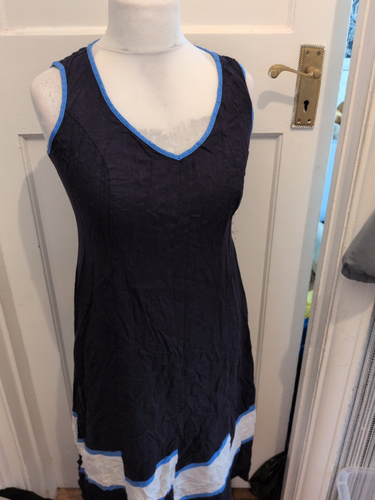 Marks And Spencer 12 Navy Sleeveless Midi Dress With Pattern On Hem