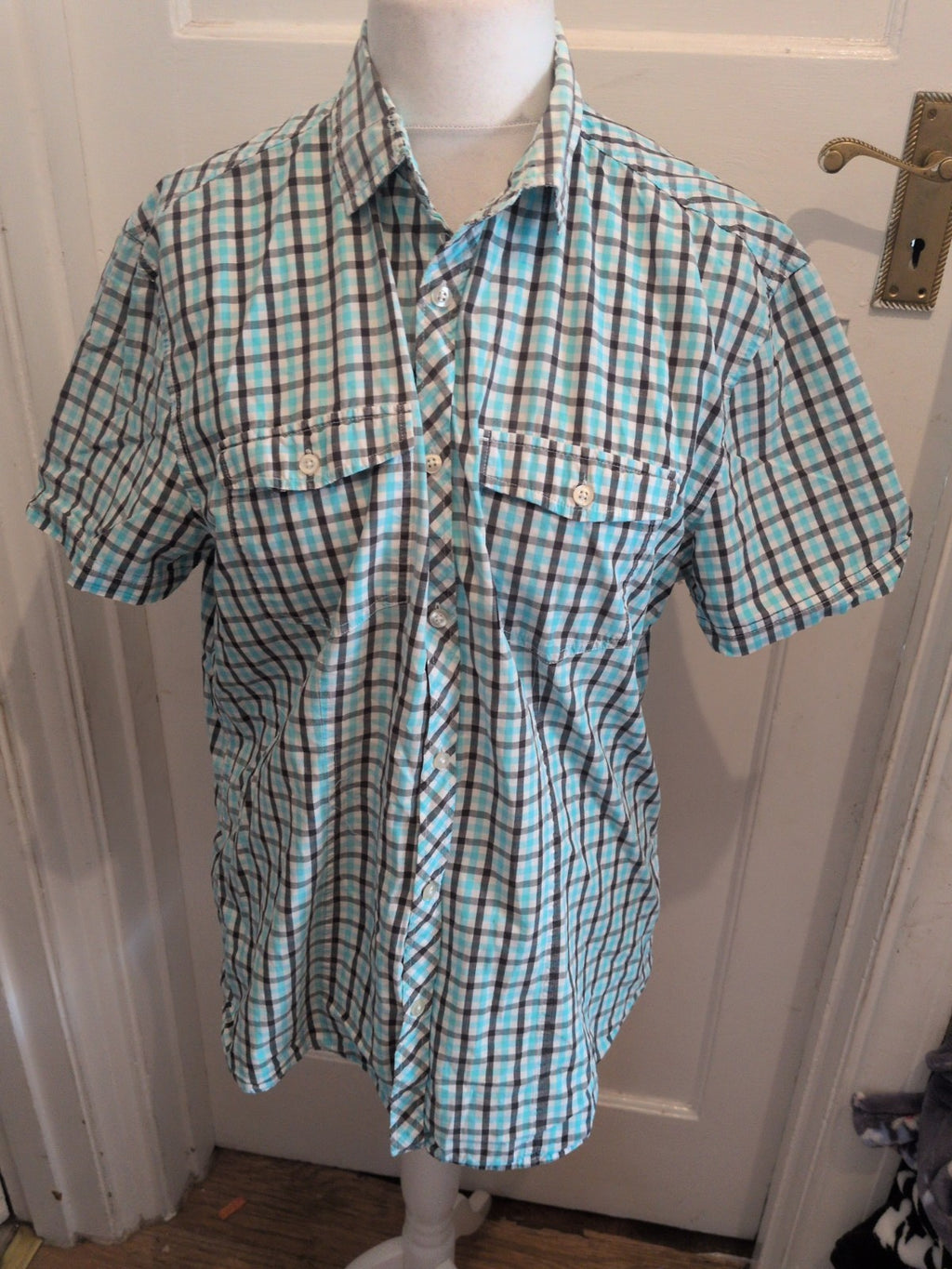 H&M XL Blue Check Short Sleeve Shirt
