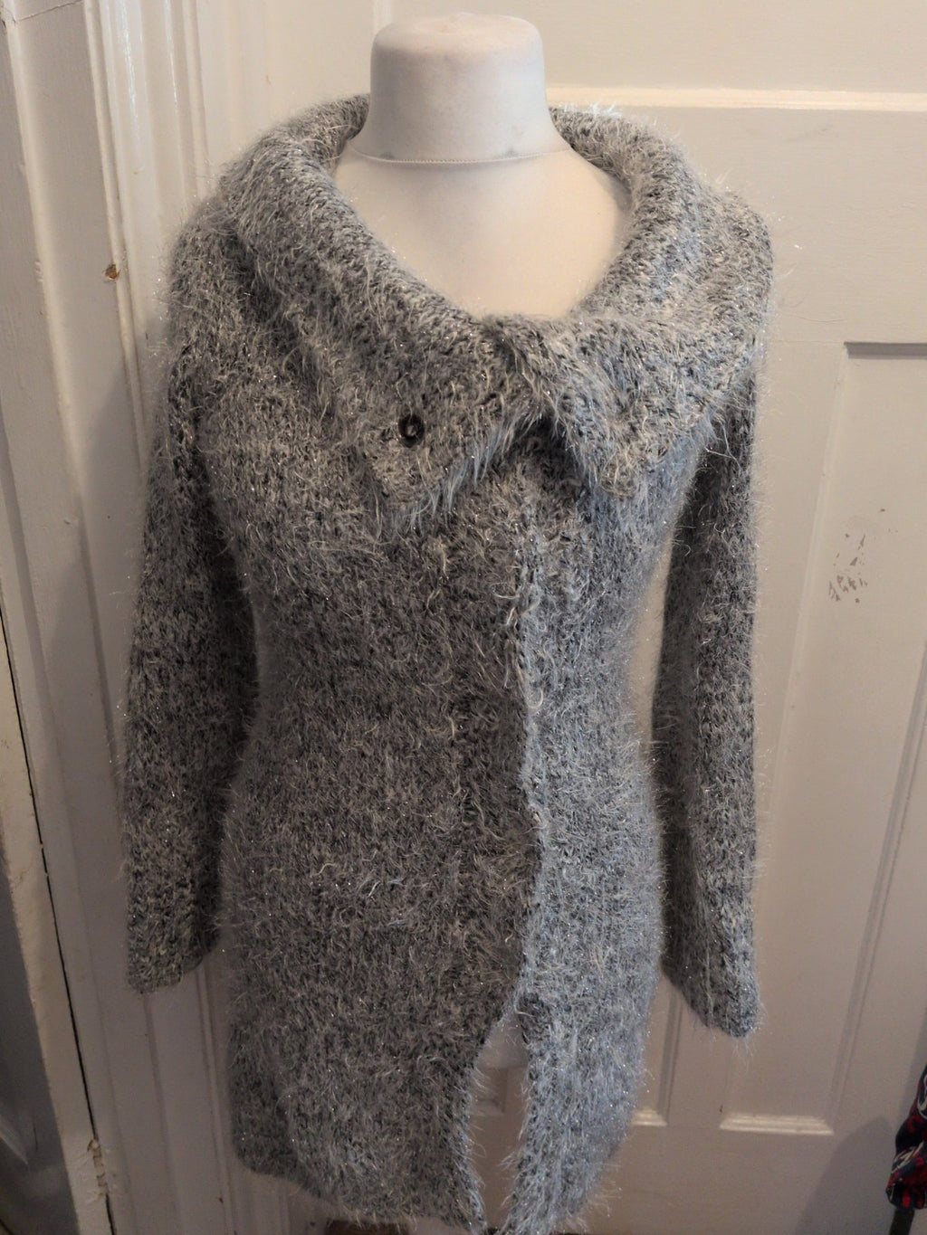 Ladies Small Silver Fluffy Jacket Long Length