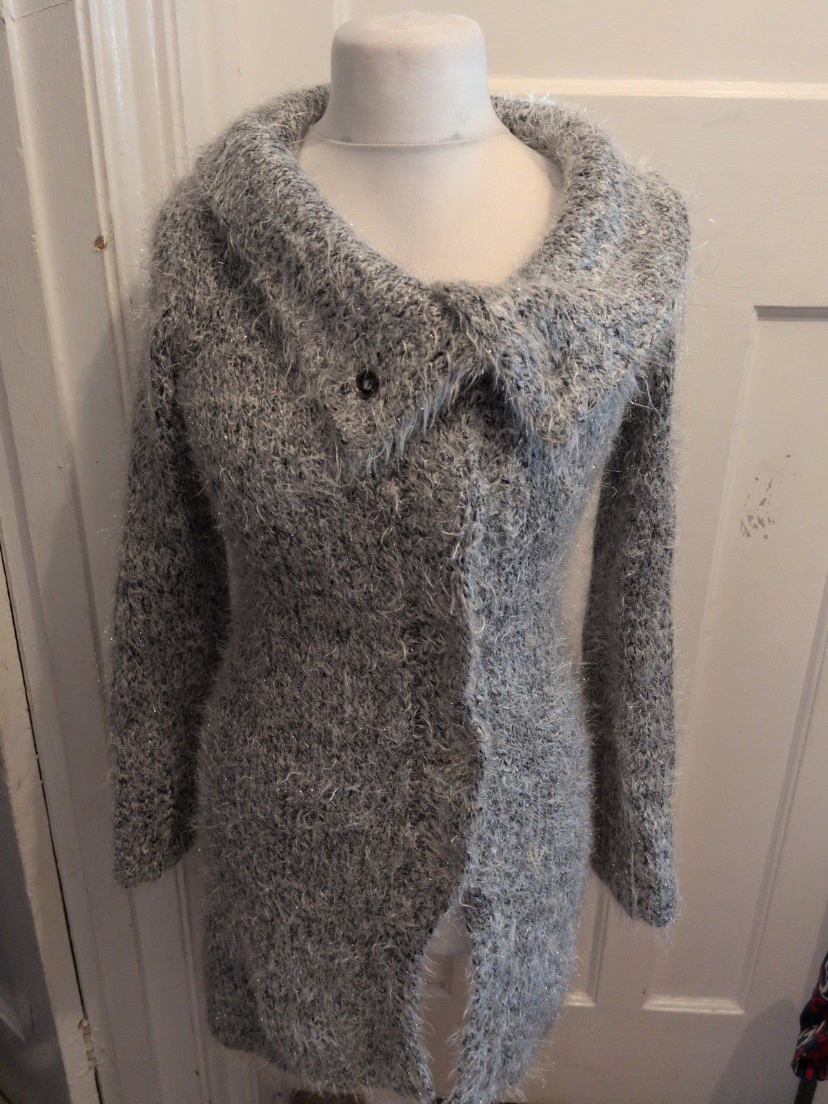 Ladies Small Silver Fluffy Jacket Long Length
