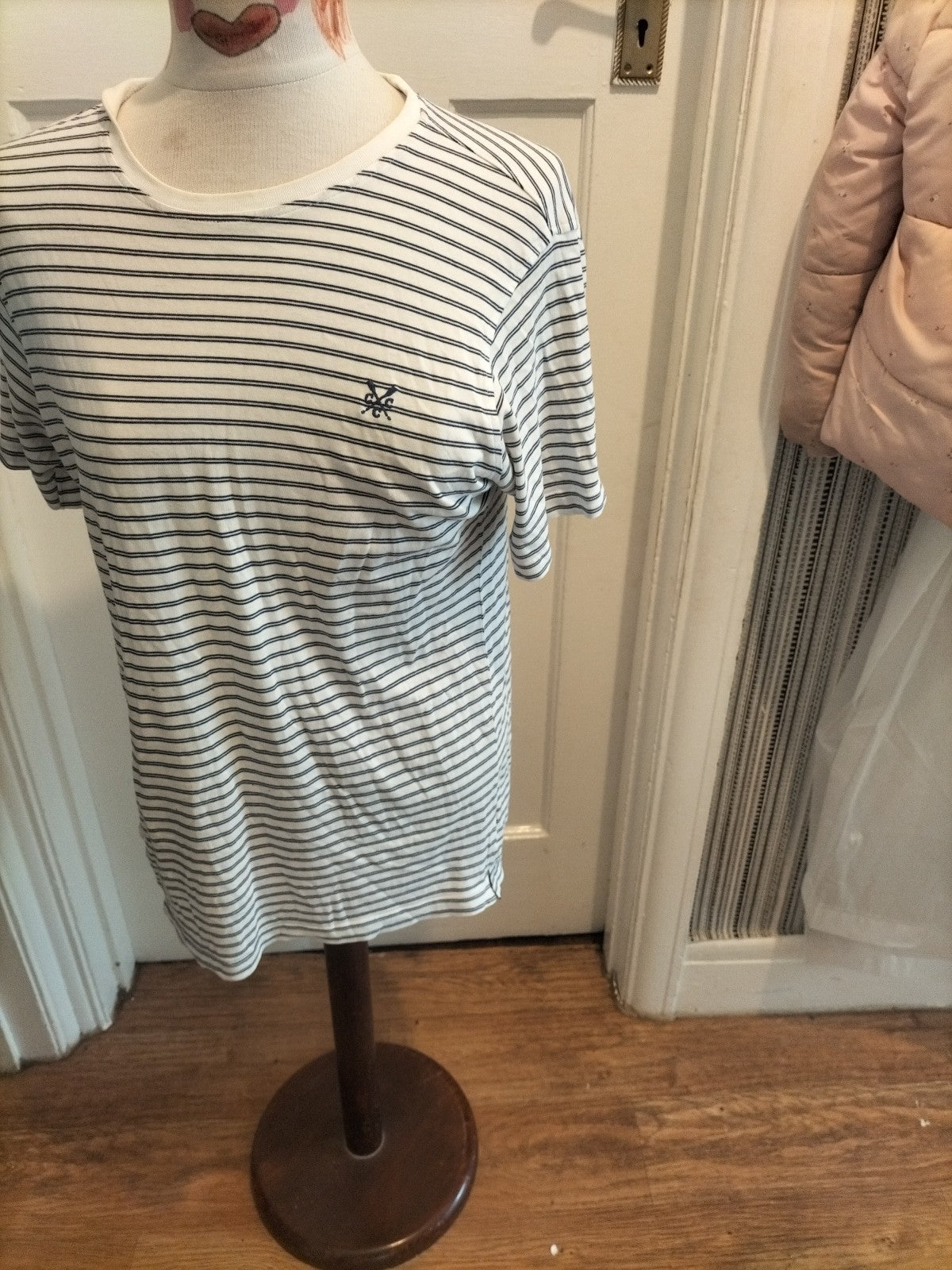 Ladies Crew Clothing Size Small Navy White Double Stripe Short Sleeved Tshirt