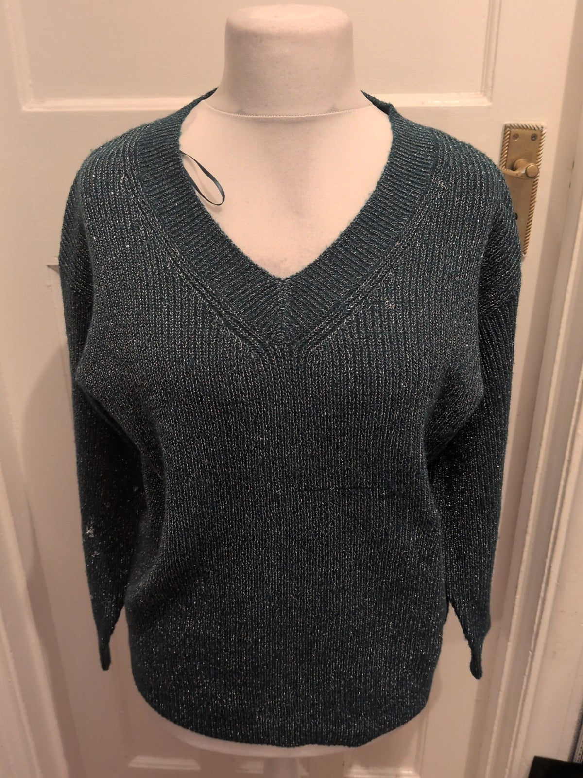 Ladies Bonmarche Size 12 Green And Silver V Neck Pullover Jumper