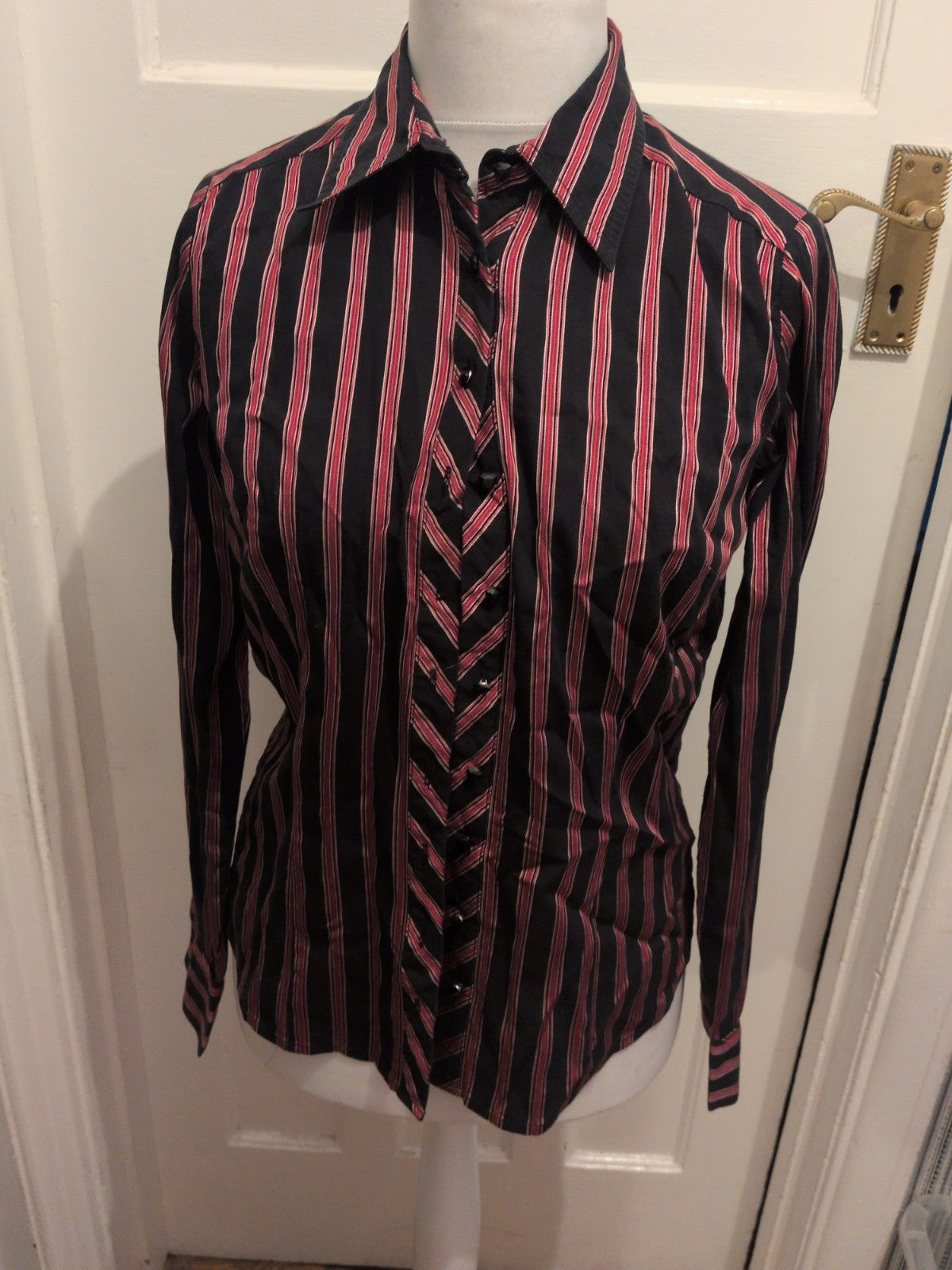 Next 12 Black And Purple Striped Long Sleeve Shirt Blouse