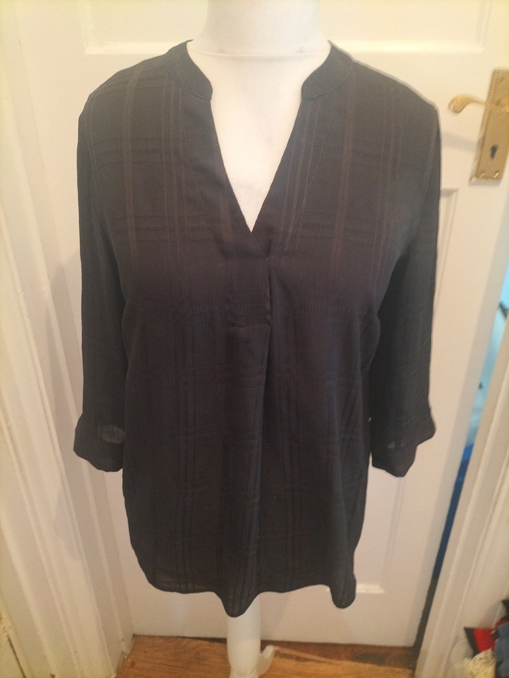 Nutmeg 12 Black Faint Check Blouse V Neck Long Sleeve