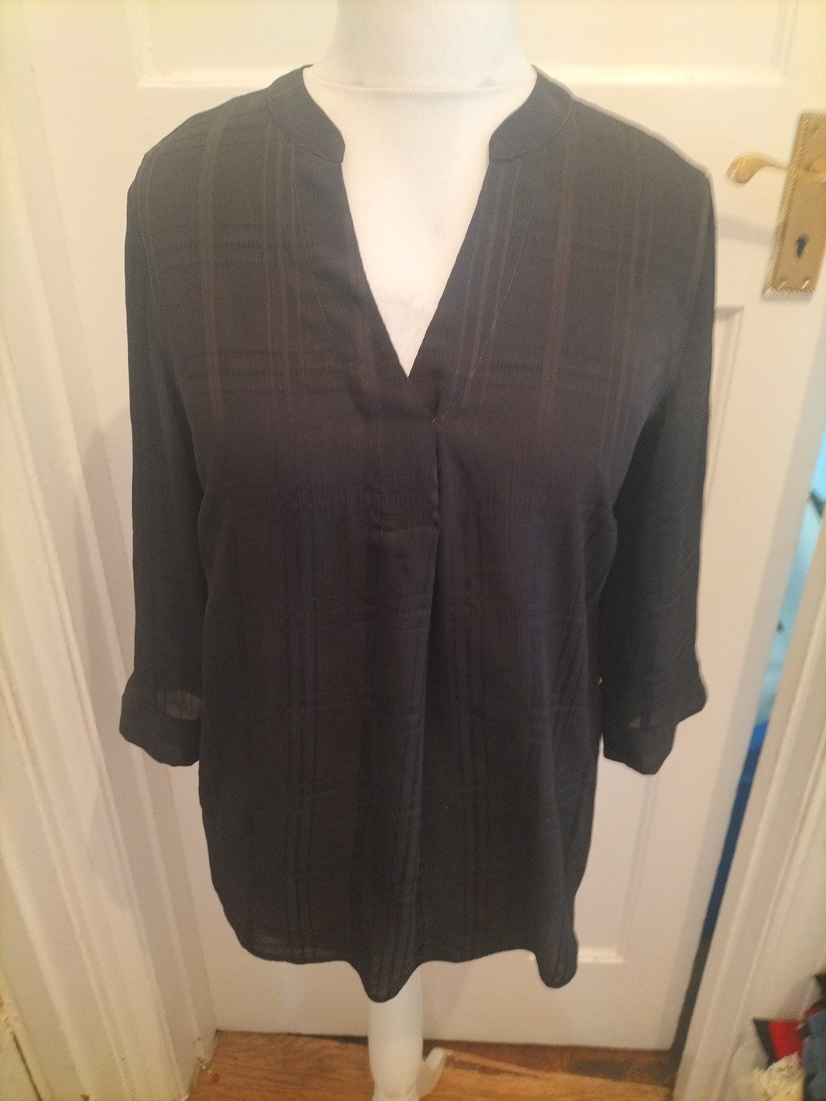 Nutmeg 12 Black Faint Check Blouse V Neck Long Sleeve
