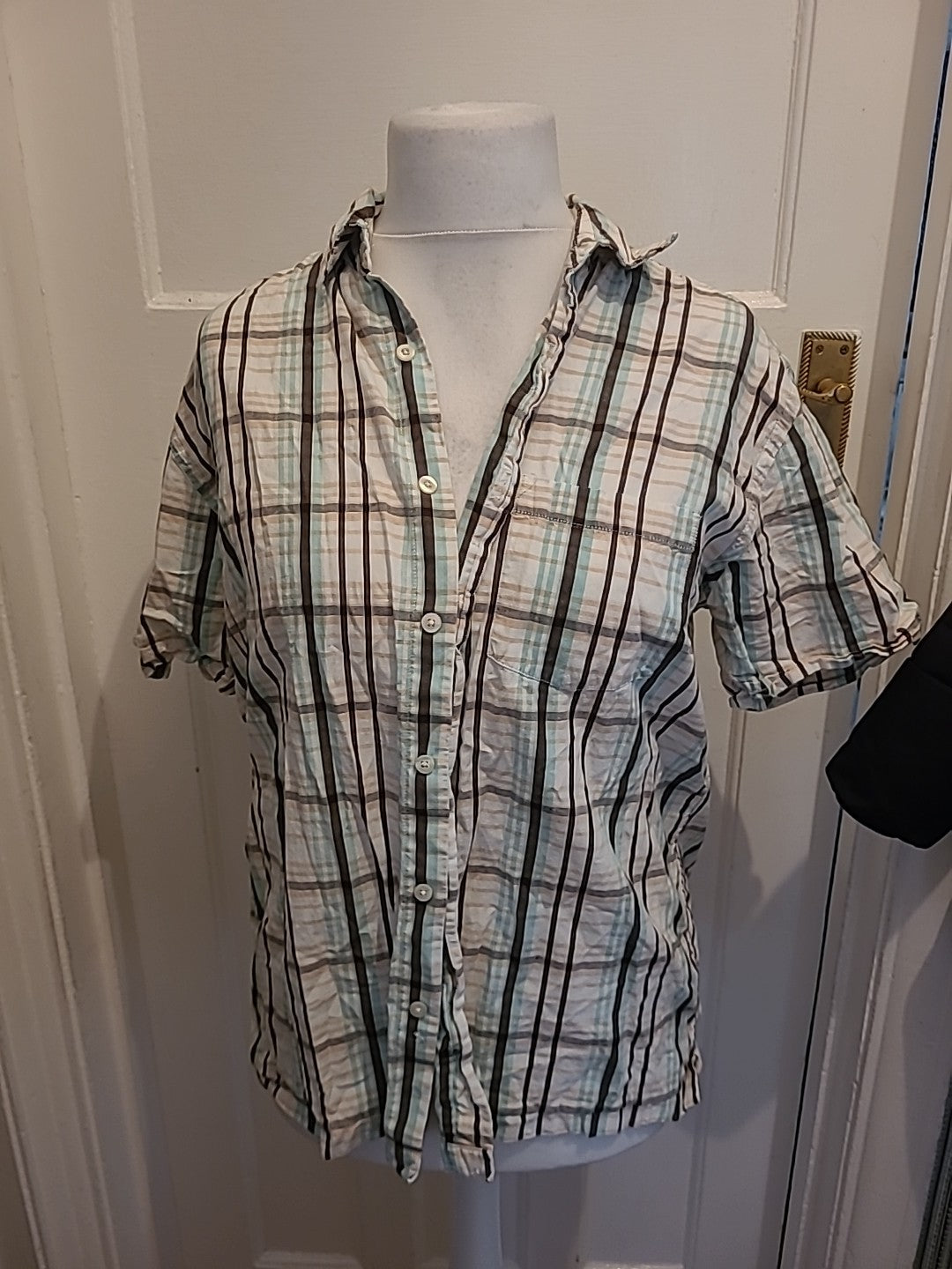 Mens Cedarwood State Size L Beige/Aqua Check Short Sleeved Shirt
