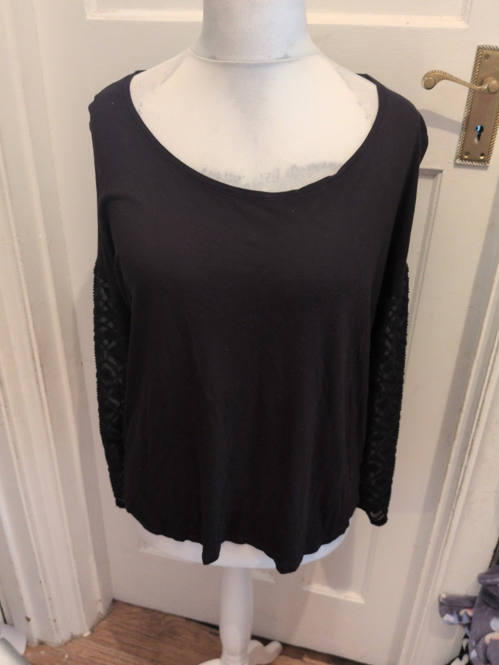 Great Plains London Large Black Long Sleeve Blouse See Through Sleeves