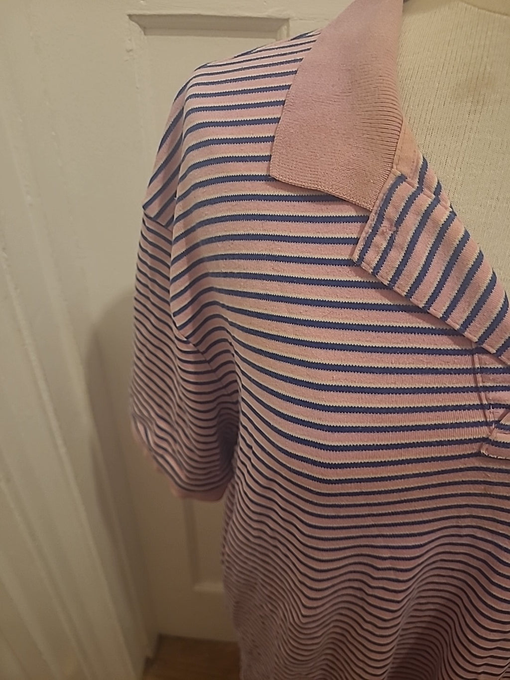 Mens Ralph Lauren Size Large Pink Navy Striped Short Sleeved Polo Shirt