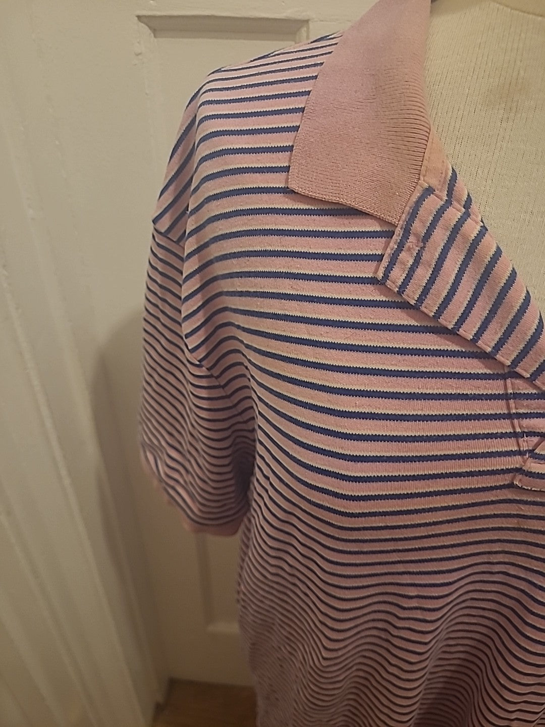 Mens Ralph Lauren Size Large Pink Navy Striped Short Sleeved Polo Shirt