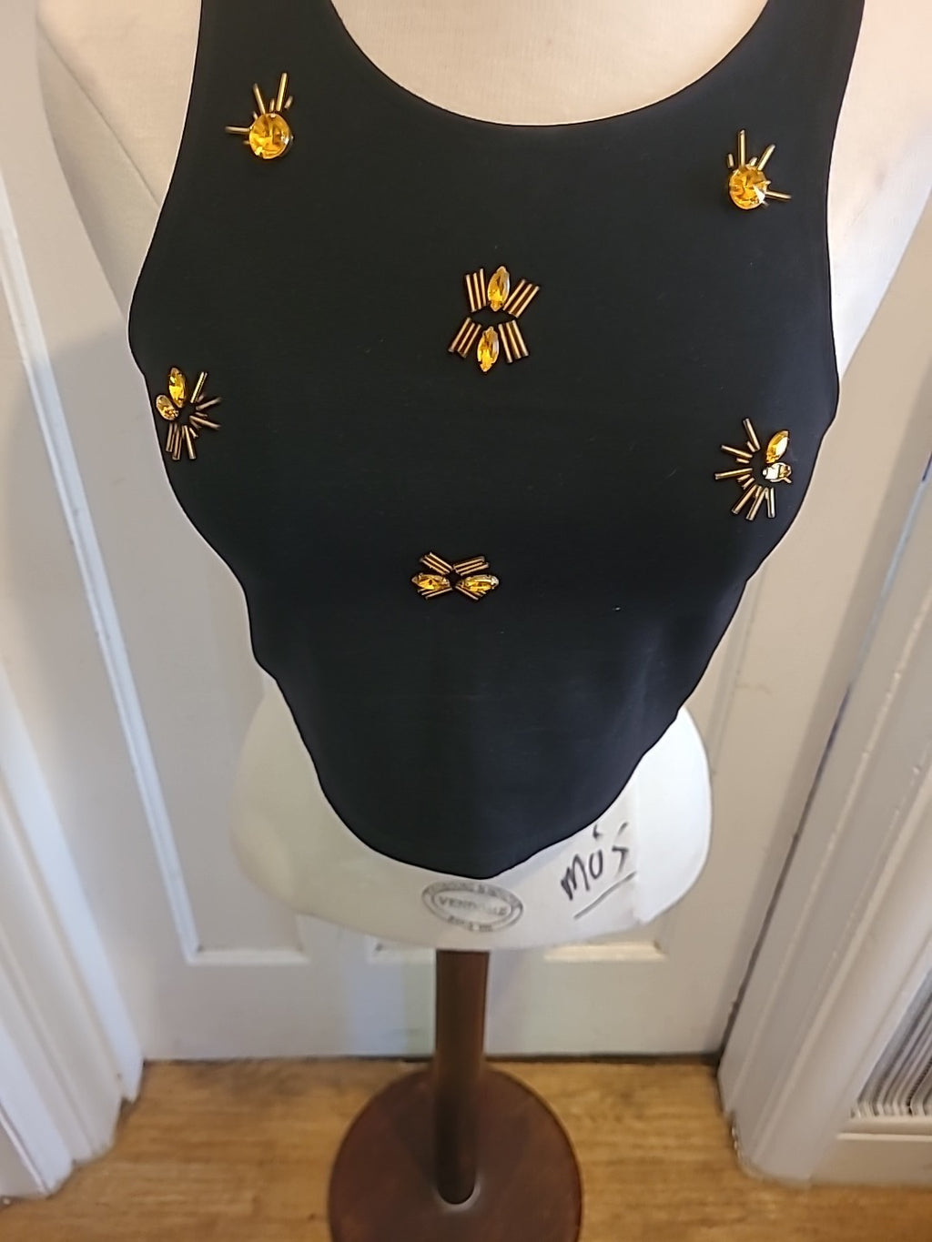 Ladies H+M Small Black Orange Diamonte Sleeveless Tshirt