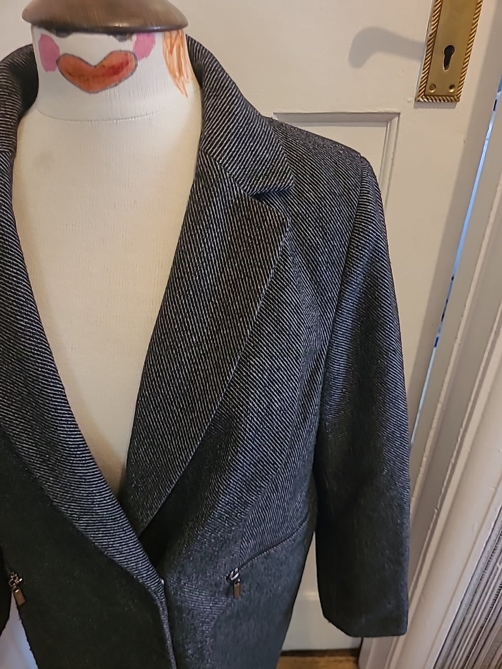 Ladies Marks And Spencer Size 12 Grey Navy Lined Long Sleeved Jacket