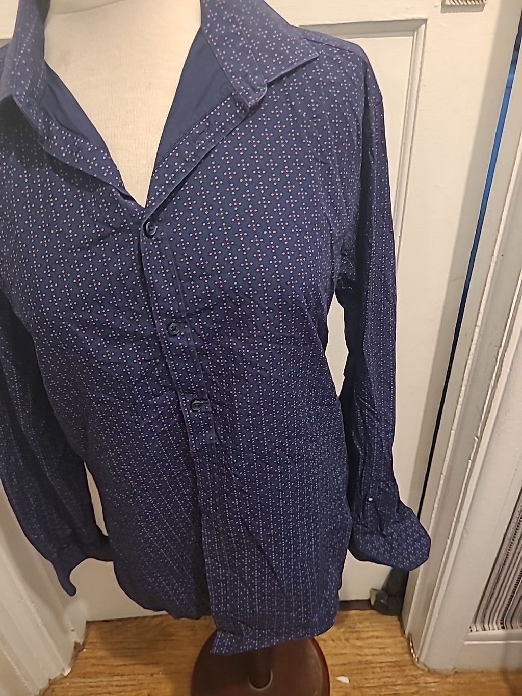 Mens Salt Size Medium(39-40) Slim Fit Navy Blue Dot Long Sleeved Shirt