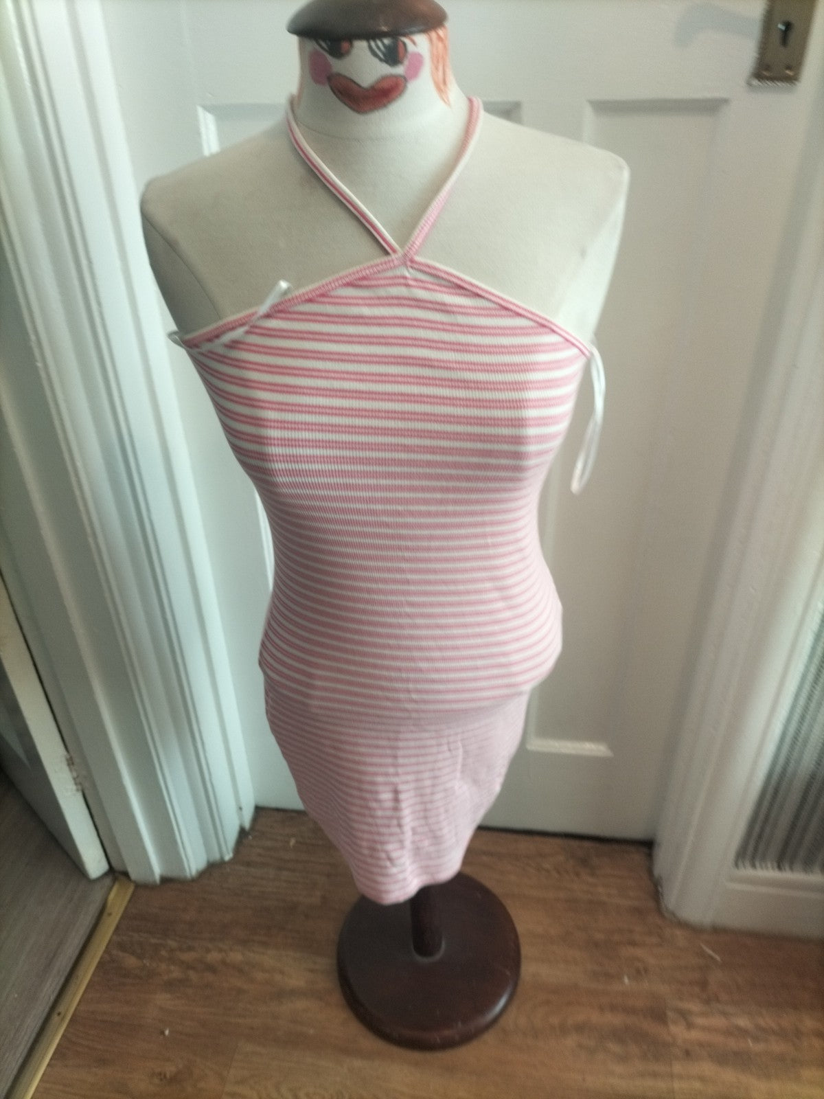 Ladies New Look Size 10 Pink White Striped Halterneck Dress