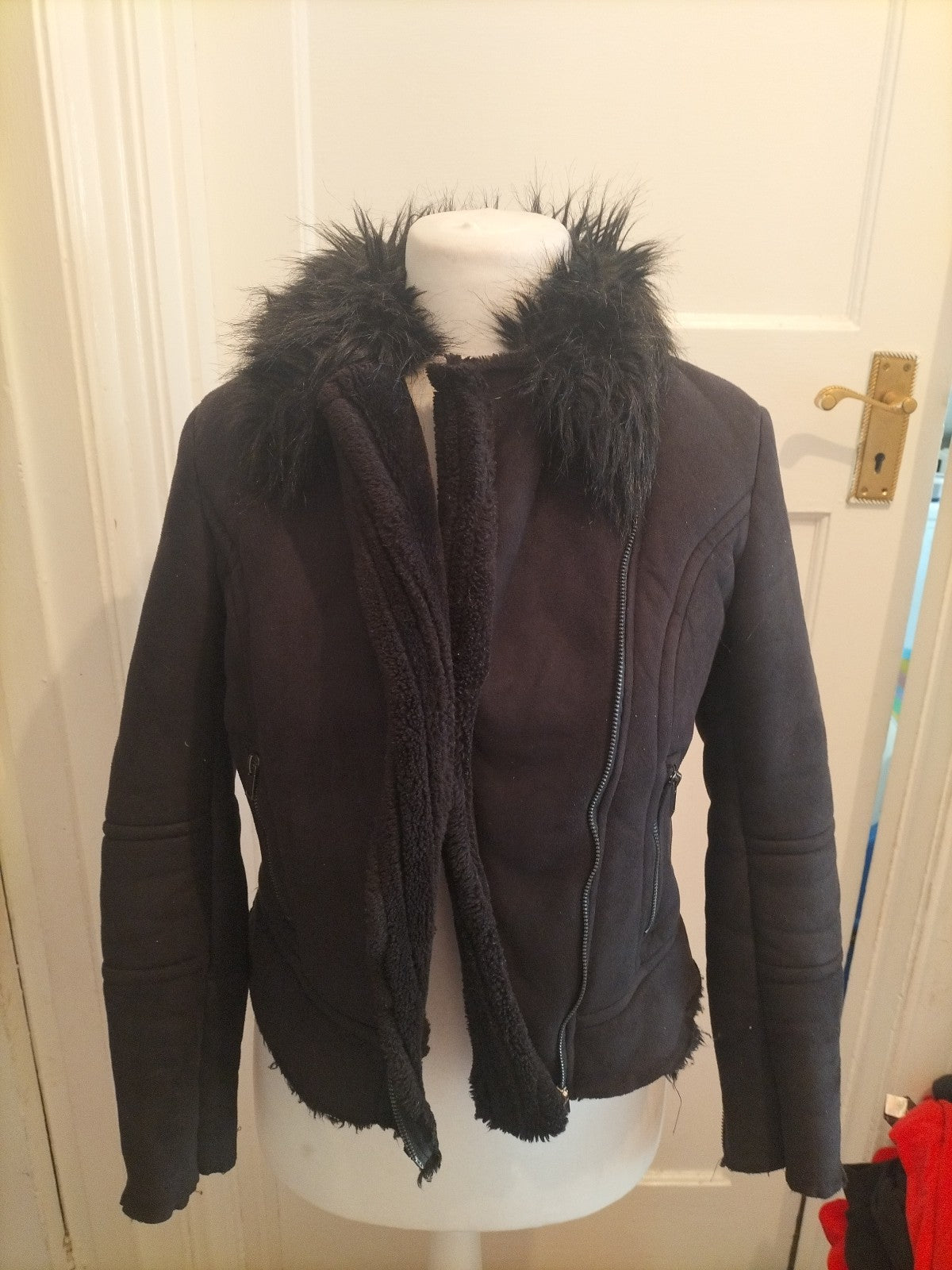 Ladies New Look Size 10 Black Faux Fur Full Zip Jacket