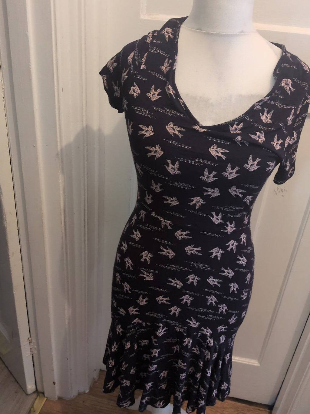 Next 12 Navy With Pink Birds Short Sleeve Dress