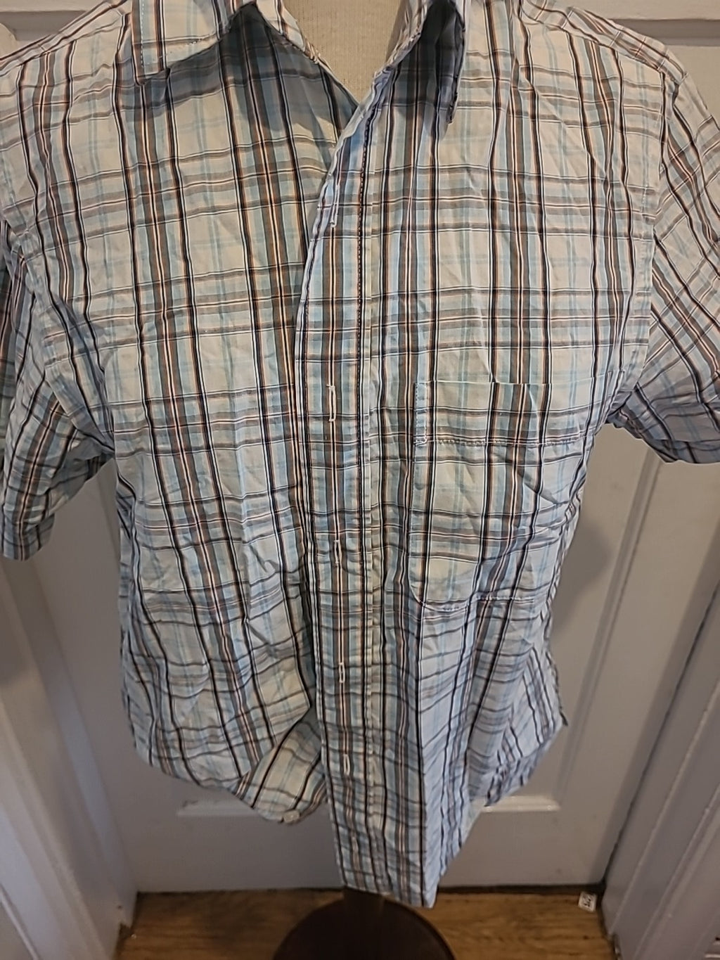 Mens Easy Size S Pale Blue White Navy Check Short Sleeved Shirt