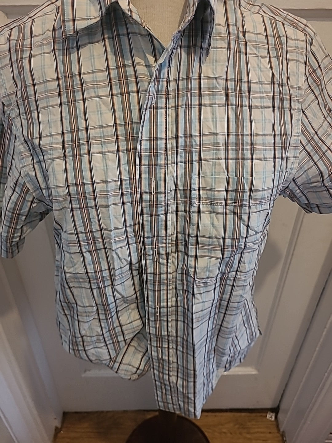 Mens Easy Size S Pale Blue White Navy Check Short Sleeved Shirt