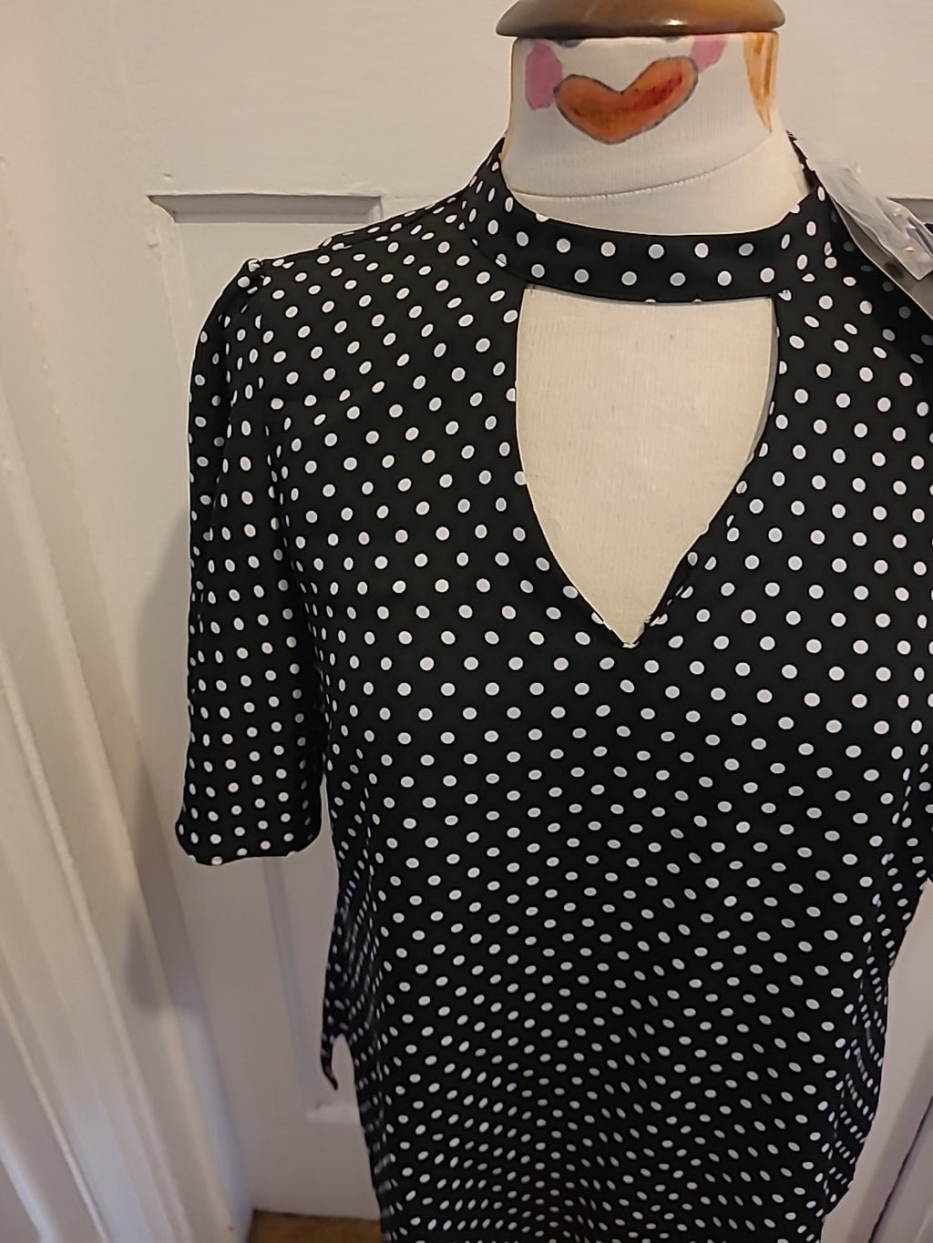 Brand New Ladies F&F Size 10 Navy White Spotted Short Sleeved Blouse