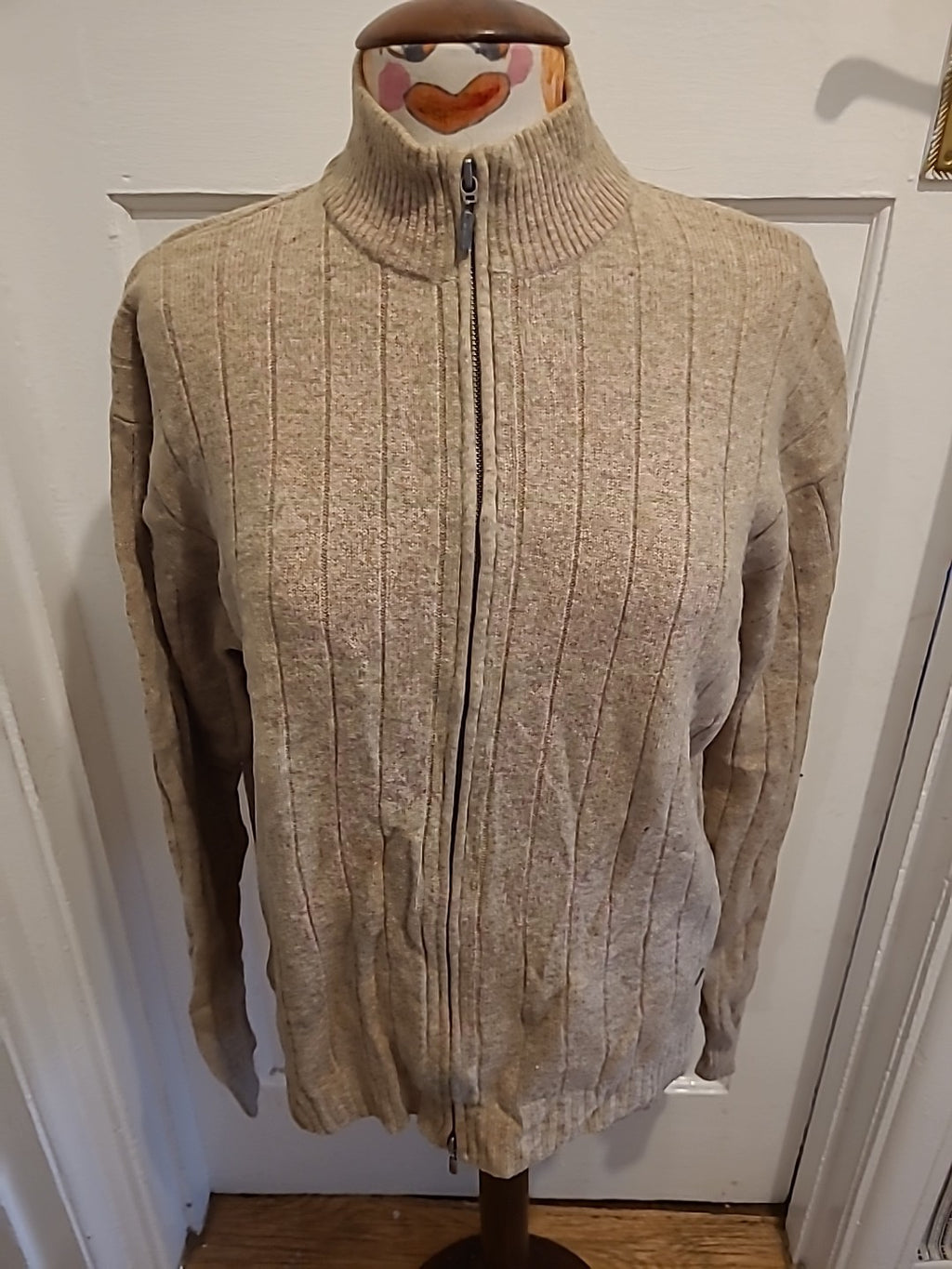 Mens Sand Size Large Beige Ribbed Zipped Jumper