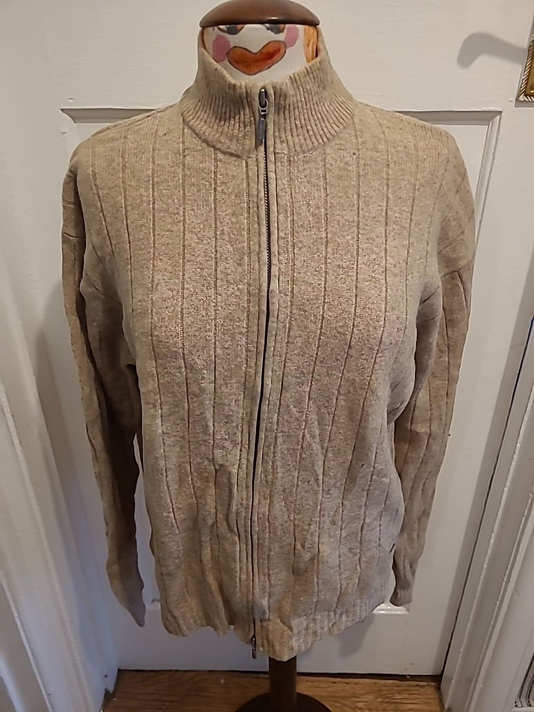 Mens Sand Size Large Beige Ribbed Zipped Jumper