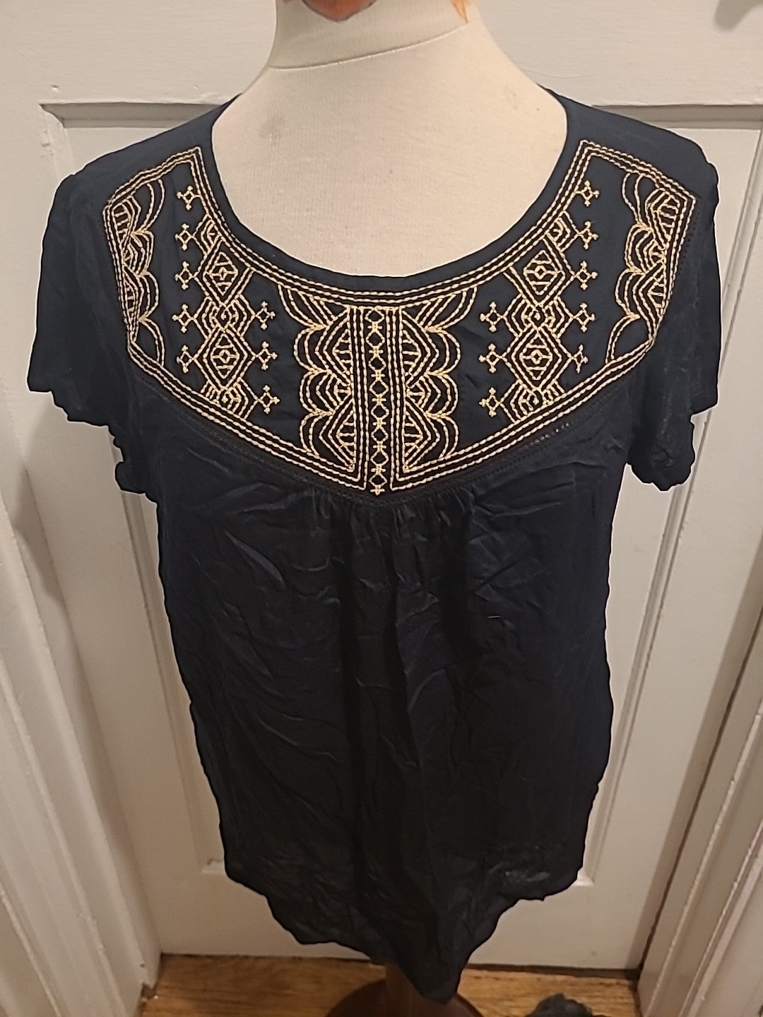 Ladies Marks And Spencer Size 14 Black Brown Embroidery Short Sleeved Blouse