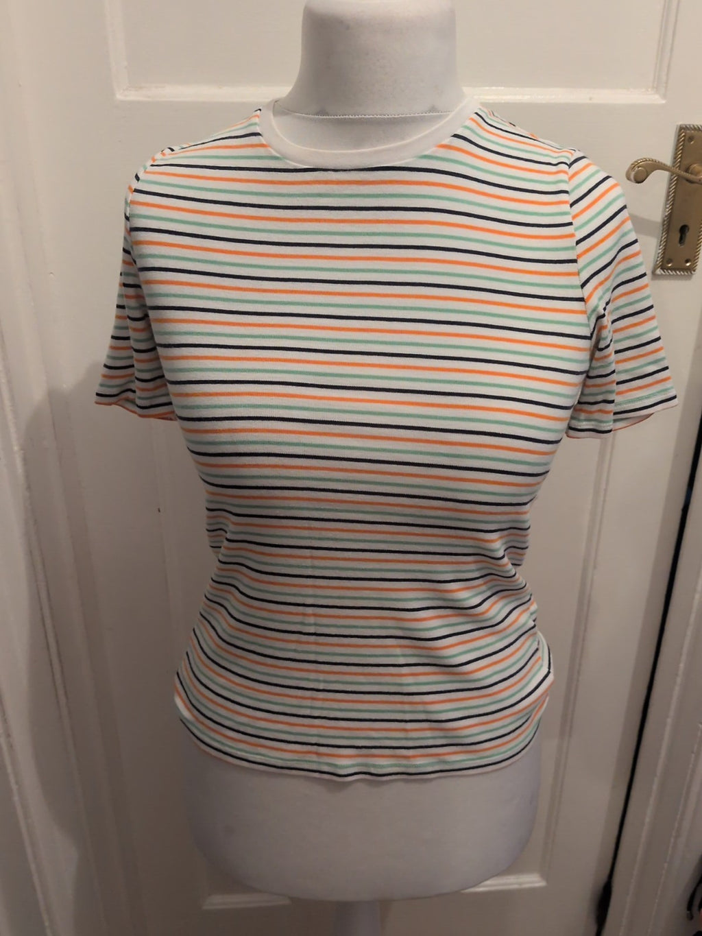M&S Collection 10 Orange White Green Navy Striped T-shirt Short Sleeve