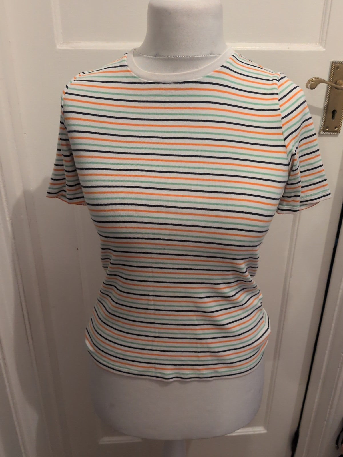 M&S Collection 10 Orange White Green Navy Striped T-shirt Short Sleeve