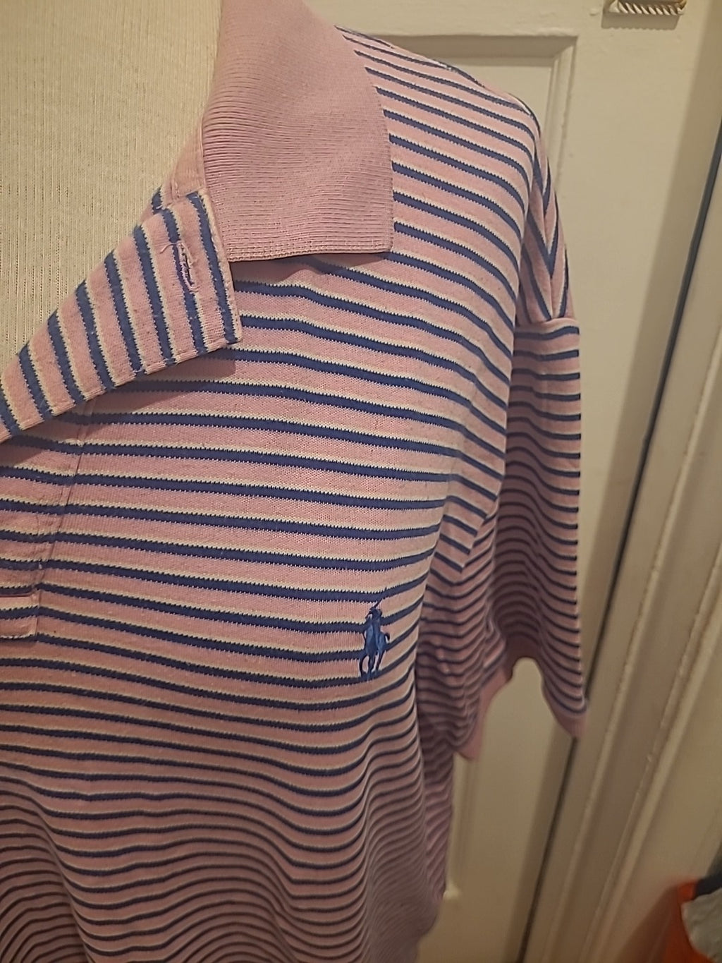 Mens Ralph Lauren Size Large Pink Navy Striped Short Sleeved Polo Shirt