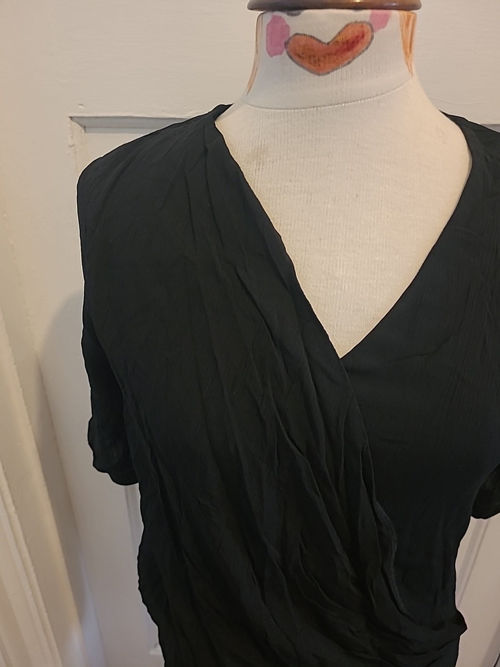 Ladies M+S Size 8 Black Scoop Detailed Front Short Sleeved Blouse