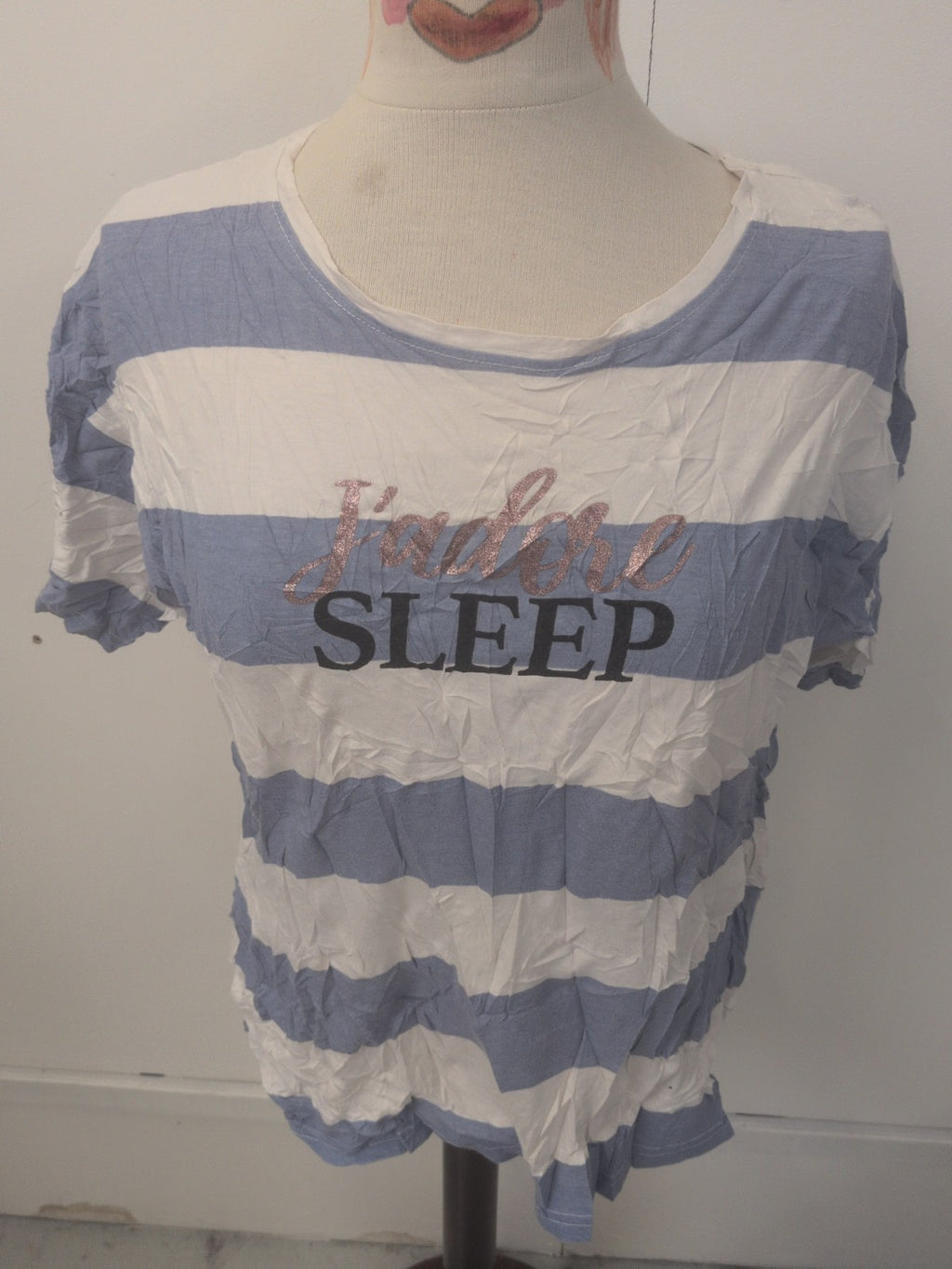Ladies Peacocks Size 10-12 Blue Striped Short Sleeve Pyjama Top