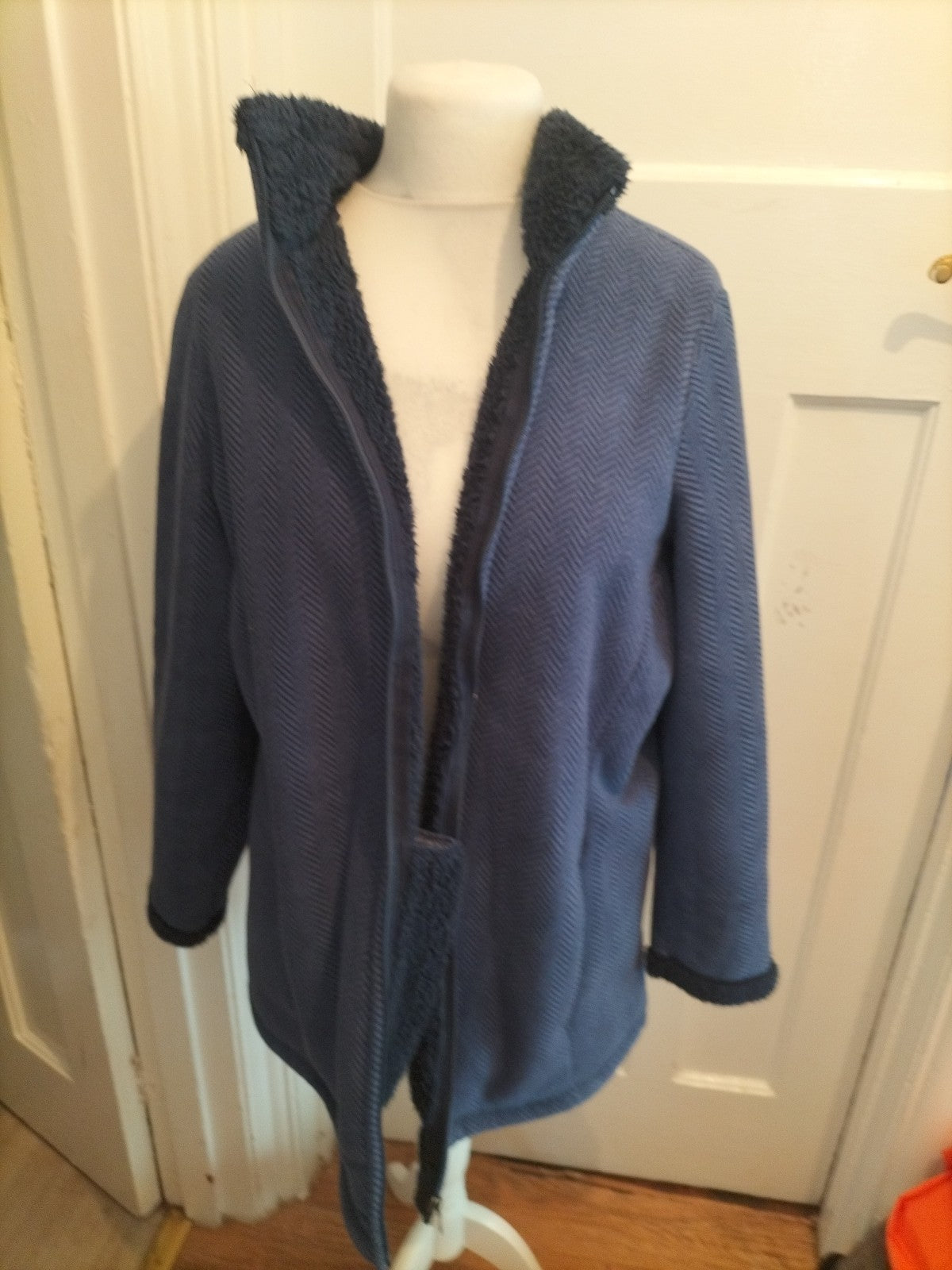 Large Navy Patterned Fleece Lined Full Zip Jacket