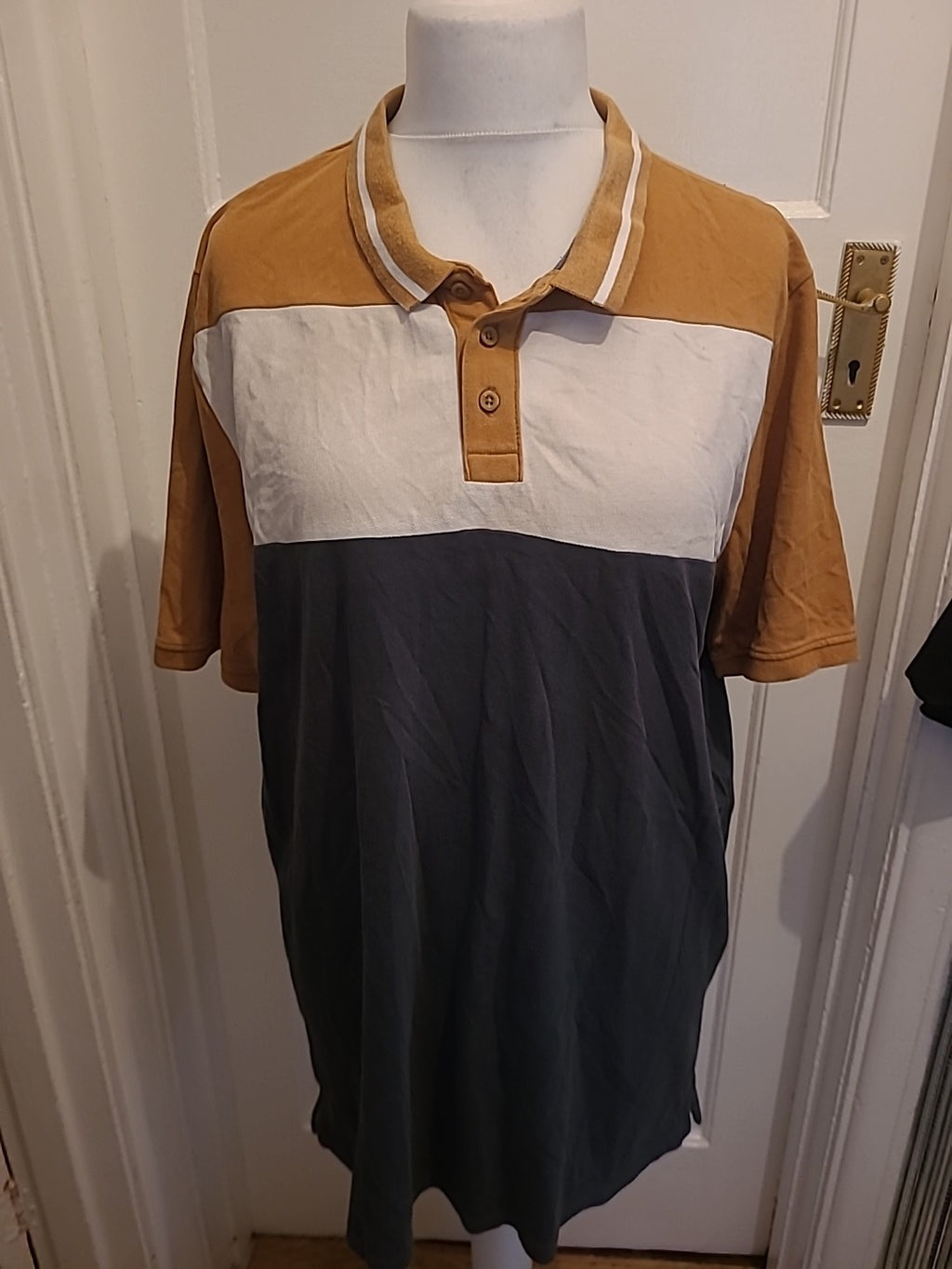 Mens Livergy Size Xl Brown/White/Navy Short Sleeved Polo