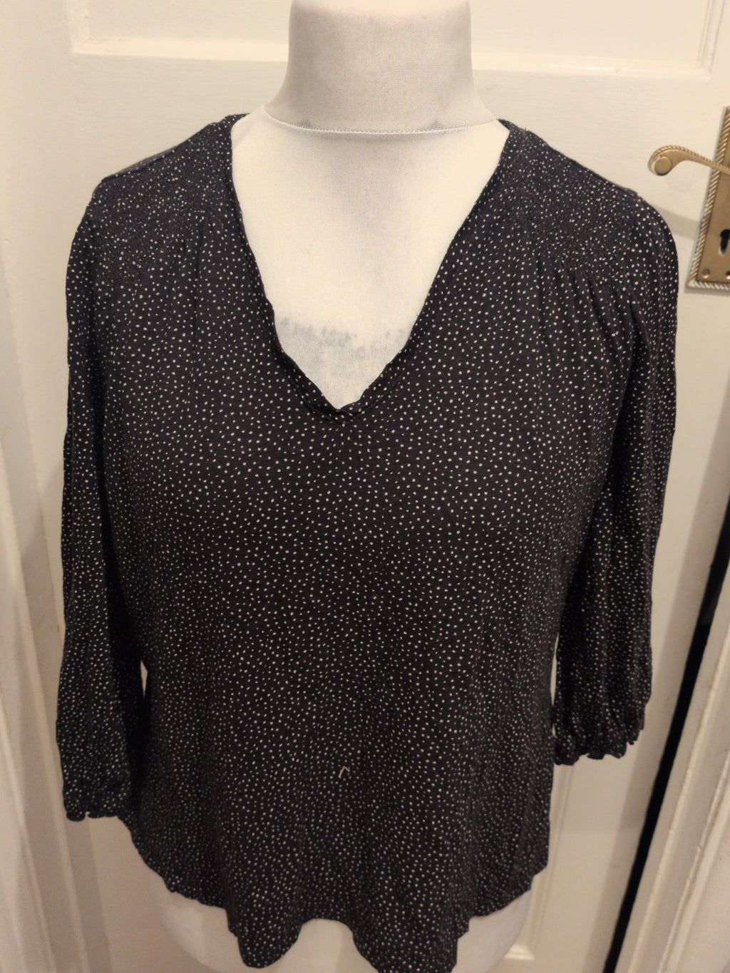 Fatface 14 Black Spotty Long Sleeve V Neck Blouse