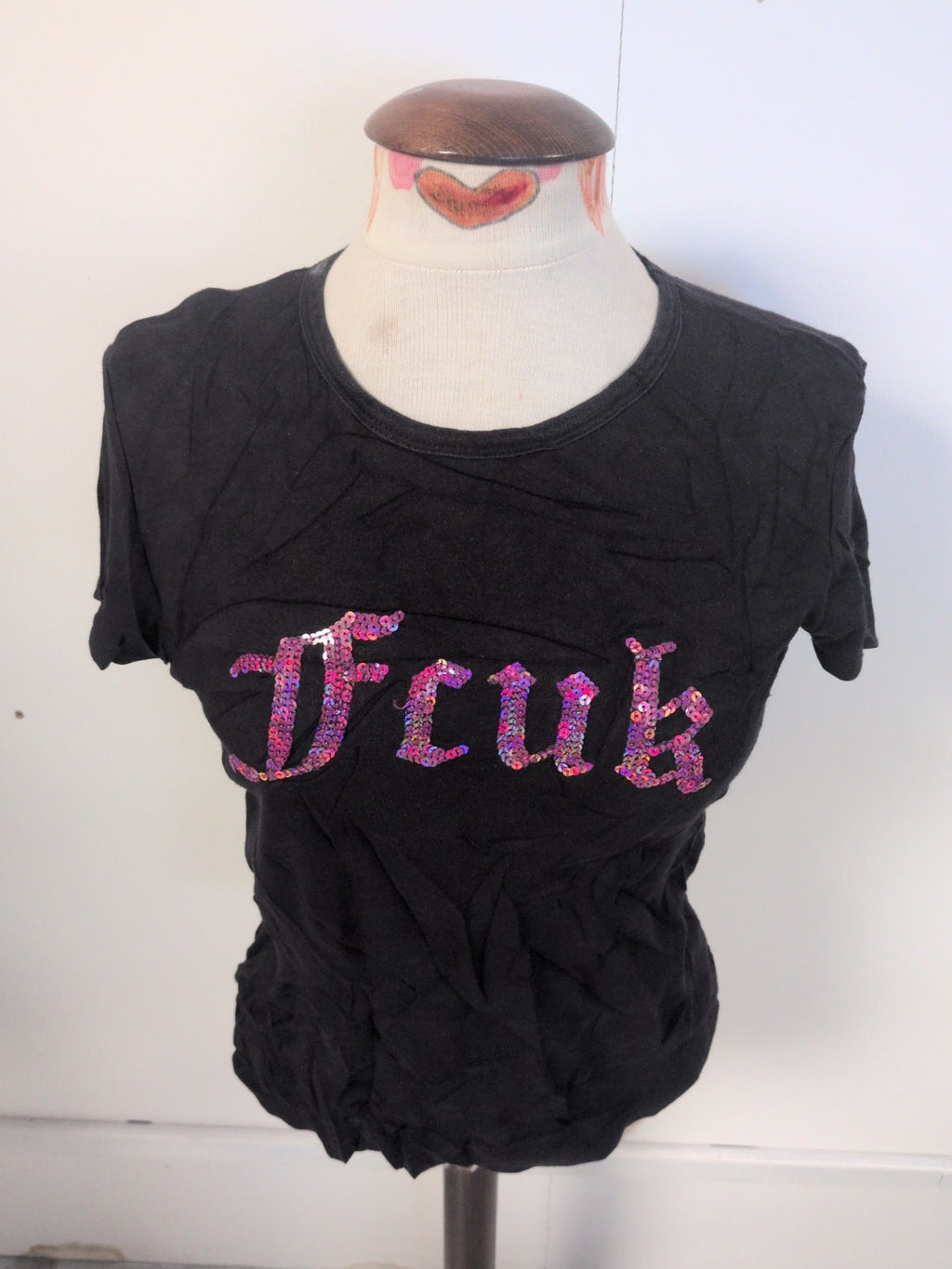 Ladies Fcuk Jeans Size Large Black With Pink Sequin Short Sleeve T-shirt