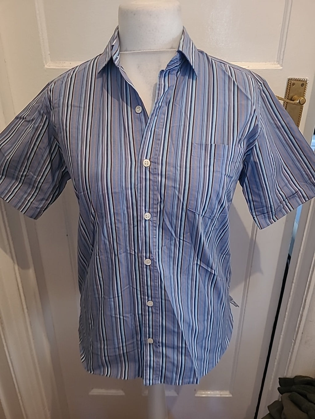 Mens River Island Size Small Blue/Orange Striped Short Sleeved Shirt