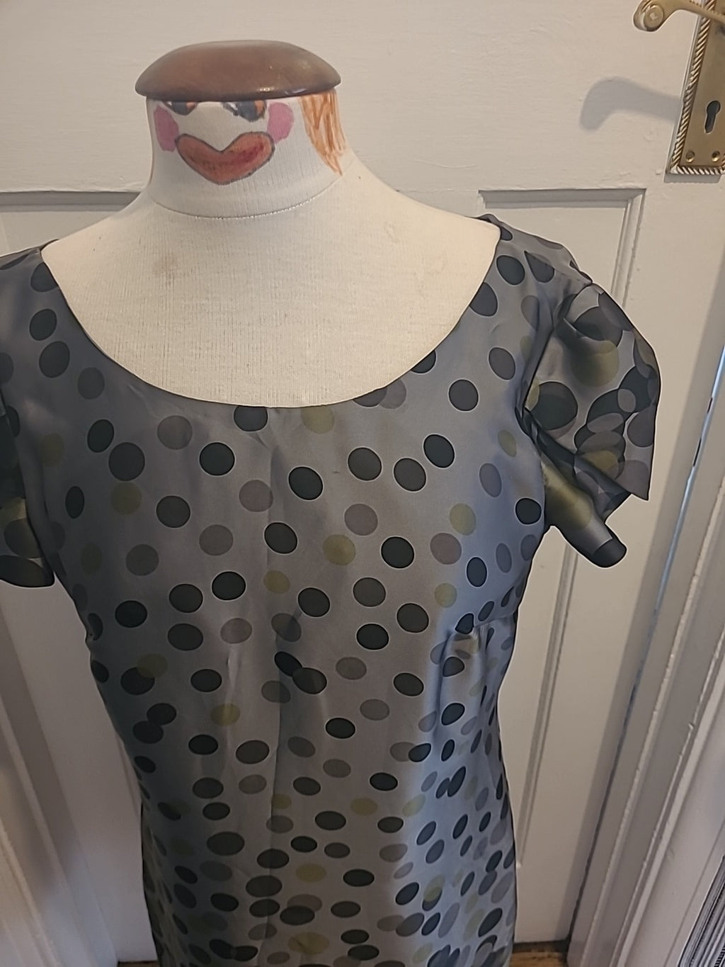 Ladies Marks And Spencer Size 10 Grey Black Green Spotted Short Sleeved Dress