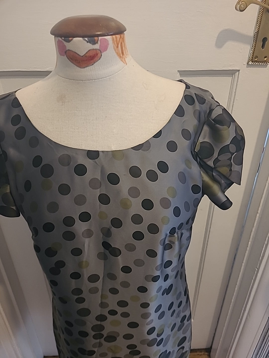 Ladies Marks And Spencer Size 10 Grey Black Green Spotted Short Sleeved Dress