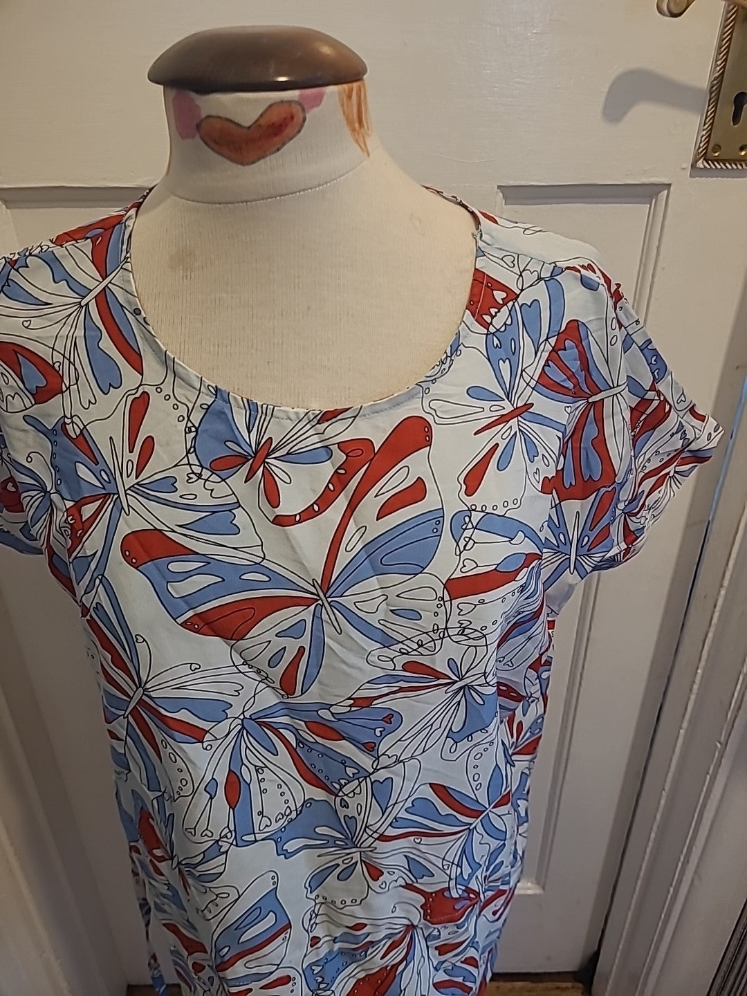 Ladies Peacocks Size 14 Blue White Red Butterfly Short Sleeved Blouse