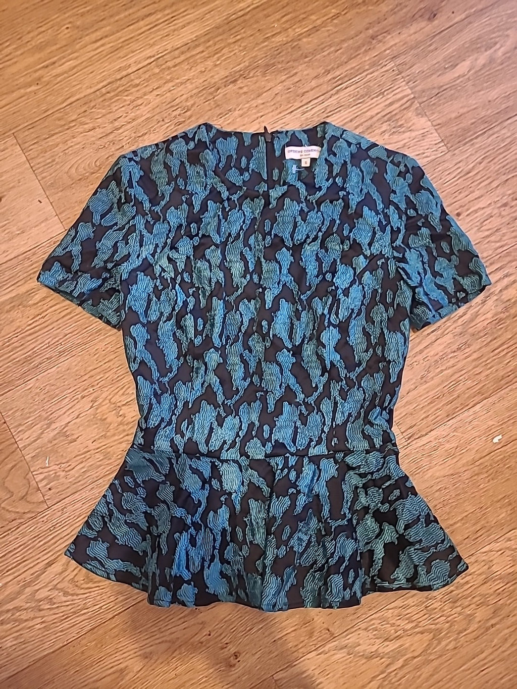 Ladies Opening Ceremony Size Small Black/Teal Short Sleeved Blouse