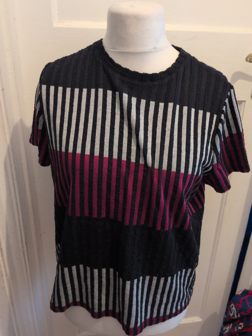 Ladies Tu 16 White Purple Navy Short Sleeve Jumper