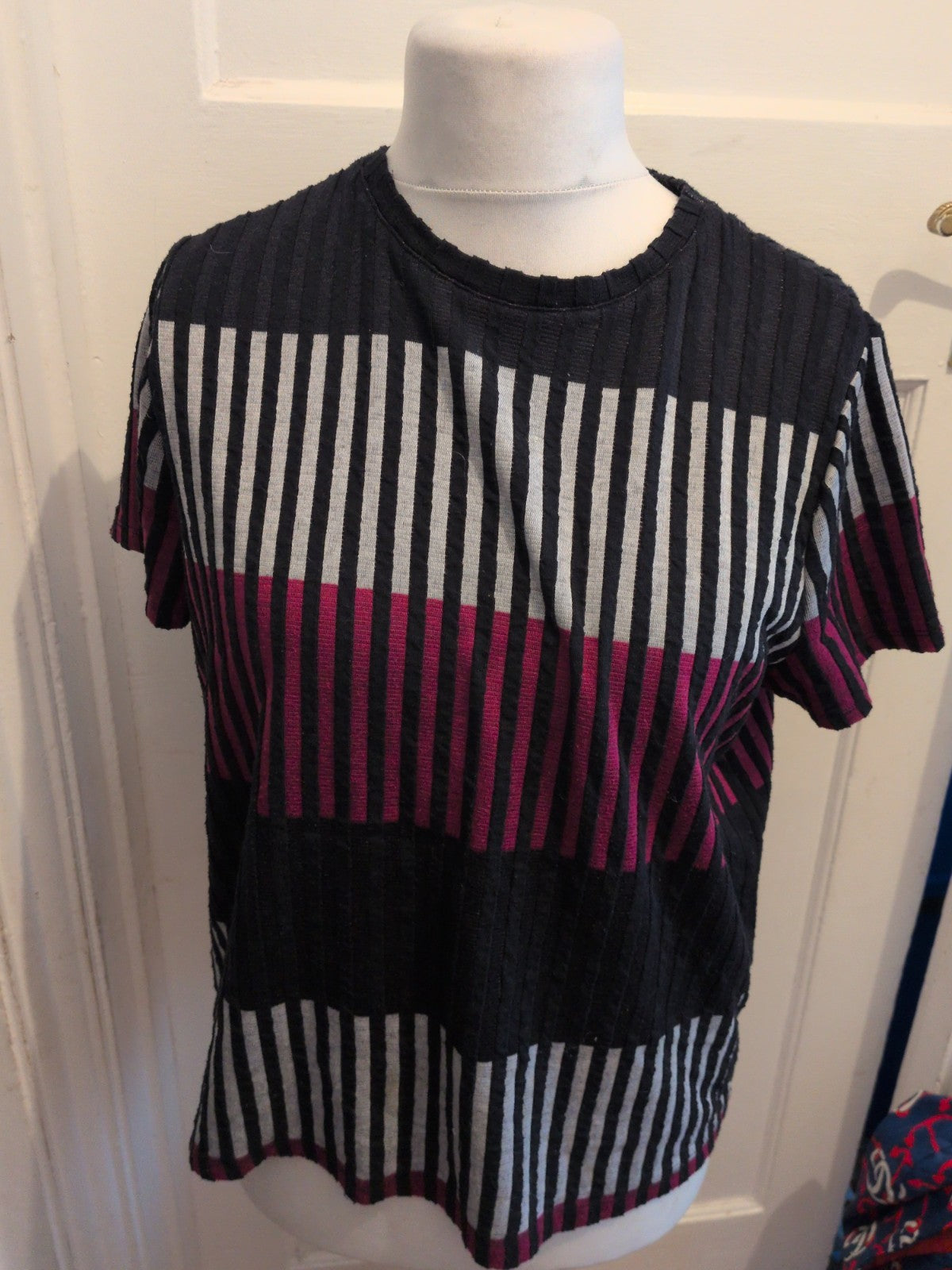 Ladies Tu 16 White Purple Navy Short Sleeve Jumper