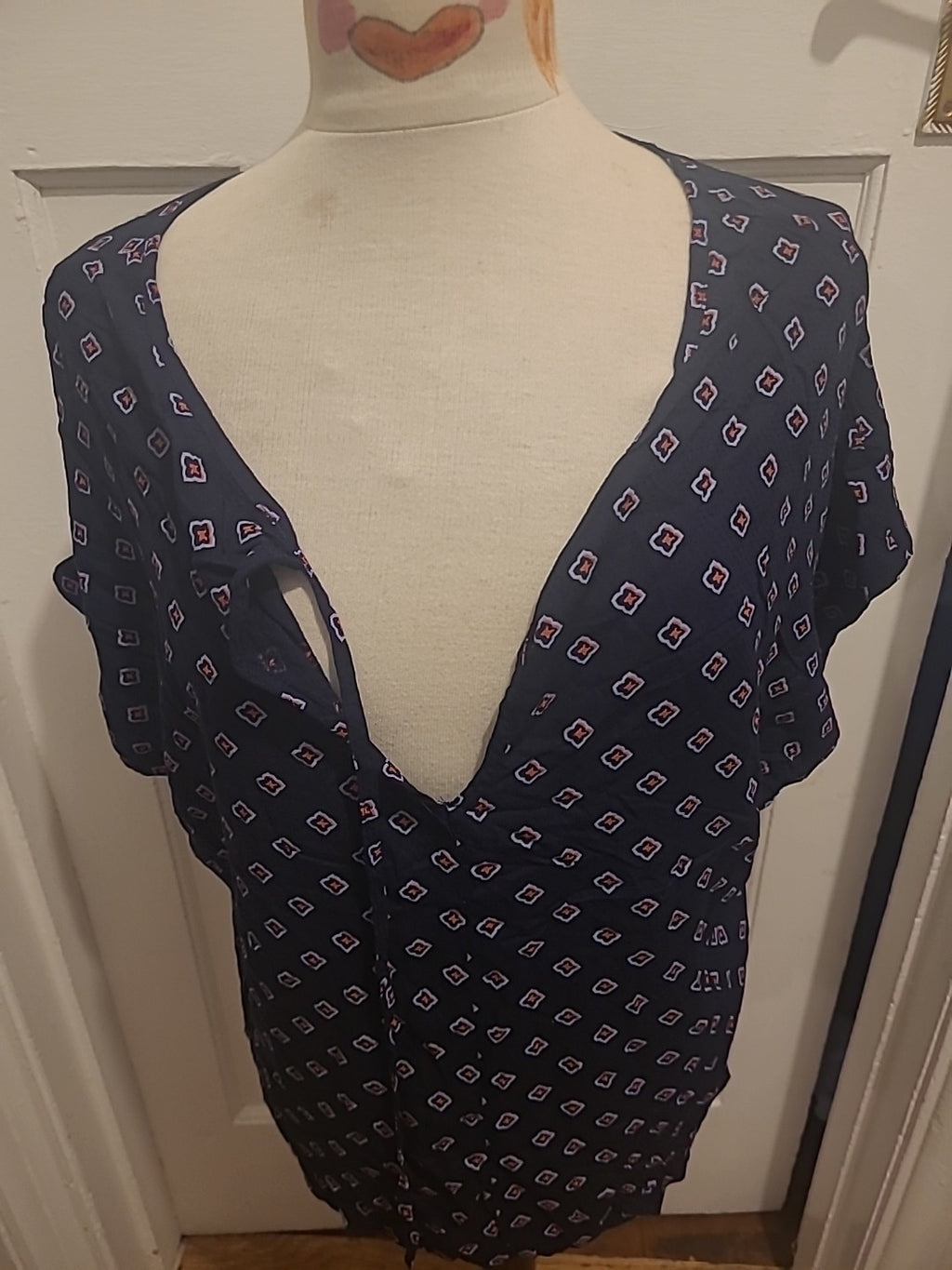 Ladies M&S Size 16 Navy With Orange Short Sleeved V Neck Blouse